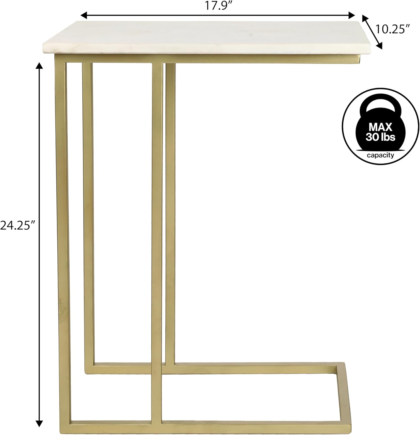 JONATHAN Y END4005B Caius 24.25' Designer Industrial Metal C-Shaped End Table and Side Couch Table with White Marble Top for Living Room, Bedroom, Office, Bathroom, Gold