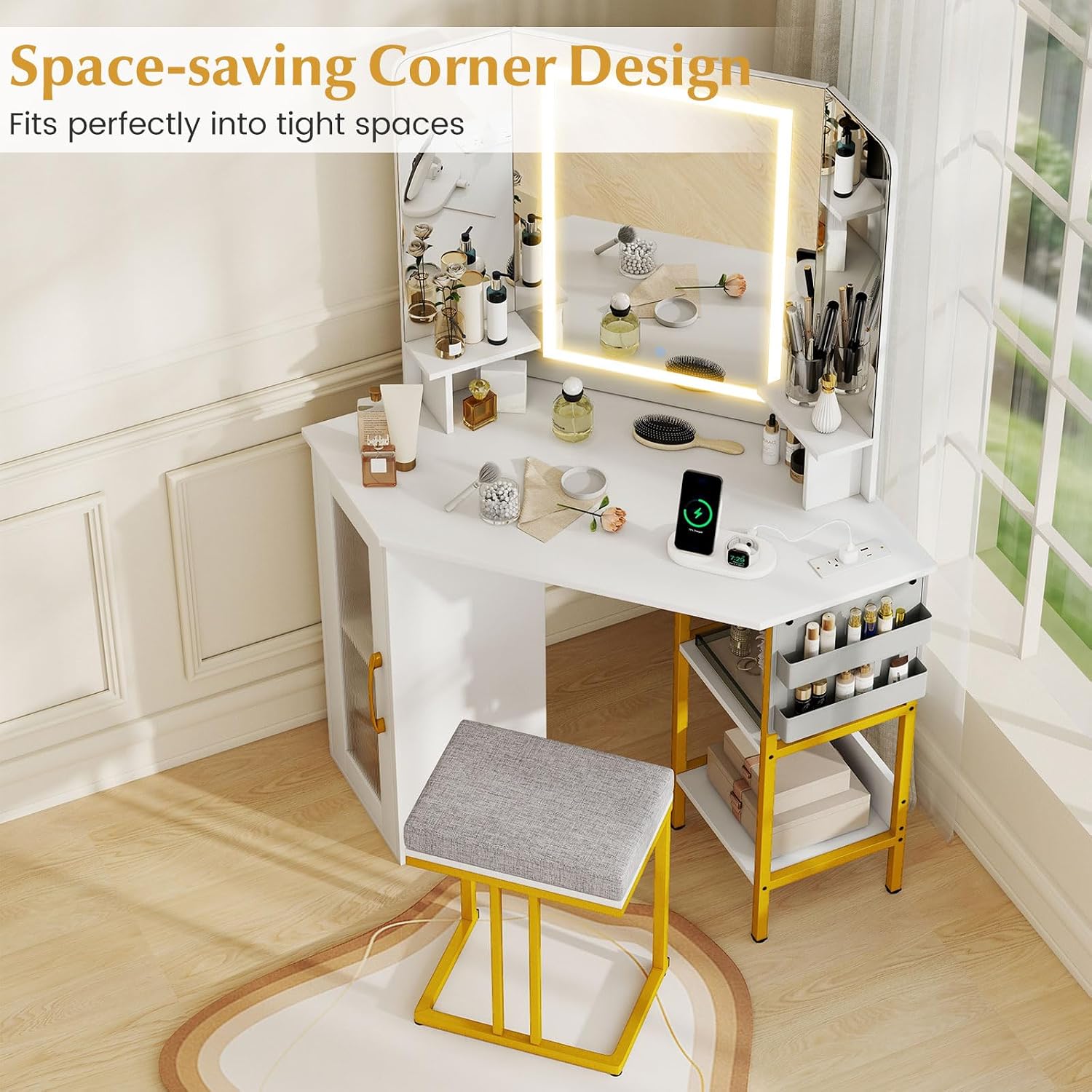 LOKO Corner Vanity Desk with Mirror & Lights, Modern Makeup Dressing Table with Triple Mirror, 3 Lighting Modes & Adjustable Brightness, Matching Chair, Open Shelves & Cabinet, 2 Fabric Bags