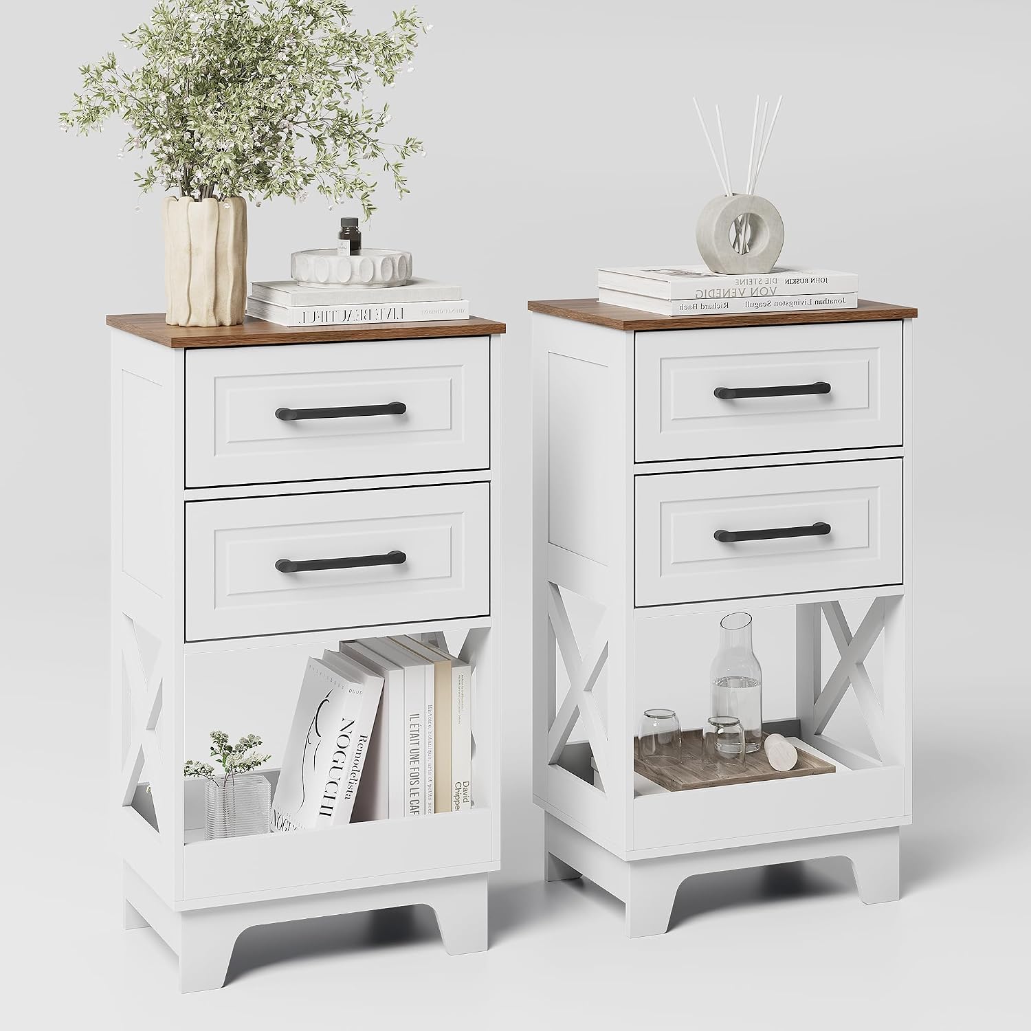 Tall Nightstand Set of 2 Side Table Modern Night Stand with 2 Drawers Wooden Rustic End Table Bedside Table with Upper Open Shelf Solid Feet for Bedroom White+Walnut