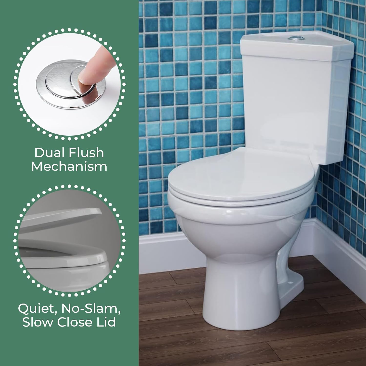 Renovators Supply Manufacturing Dual Flush Corner 2-Piece Round Toilet, Troyt Style with Slow Close Seat, 0.8/1.6 GPF Water Saving, 12 in Rough-In White Vitreous China