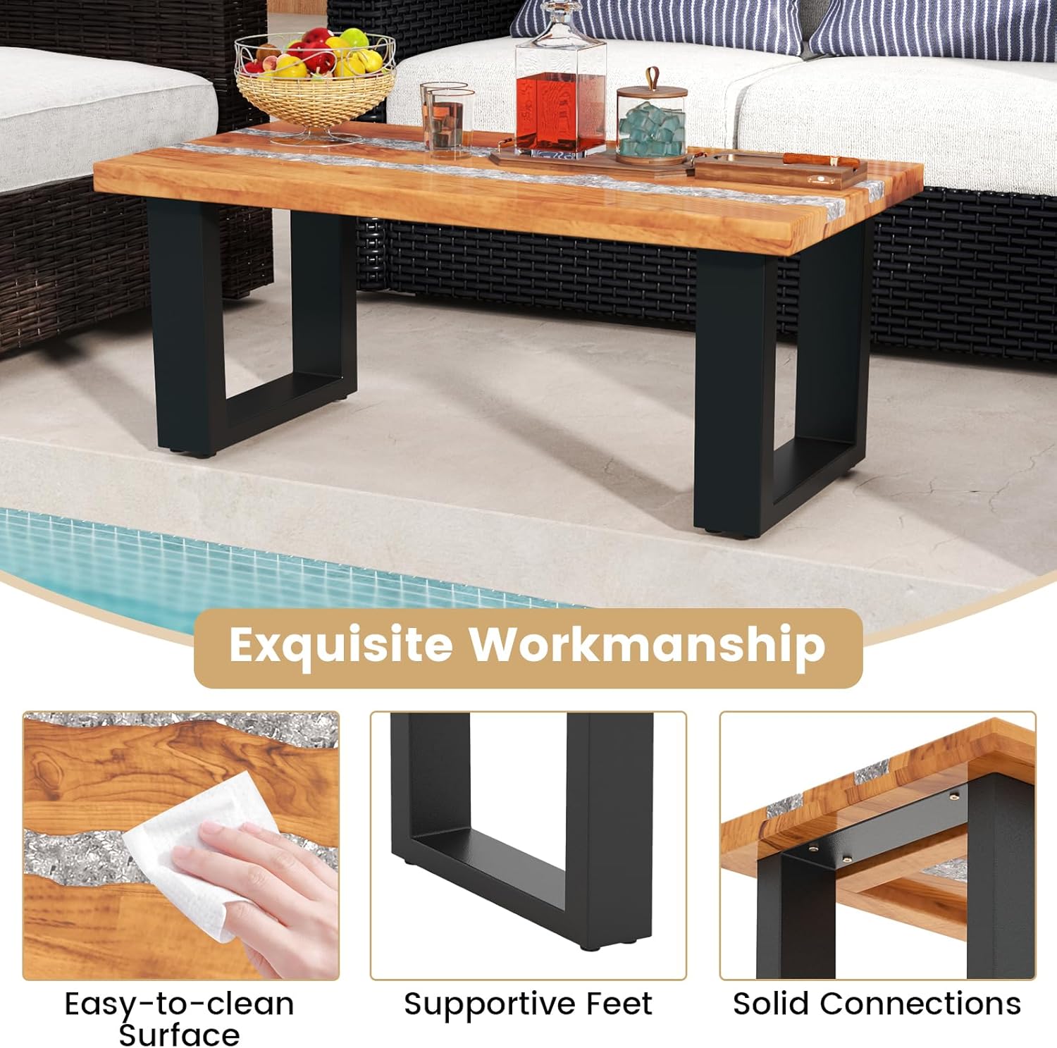 Giantex Teak Outdoor Coffee Table, Rectangular Resin Side Table with River Feel Epoxy Tabletop, Indoor Outdoor Solid Wood Center Table, Patio Table for Living Room, Poolside, Backyard