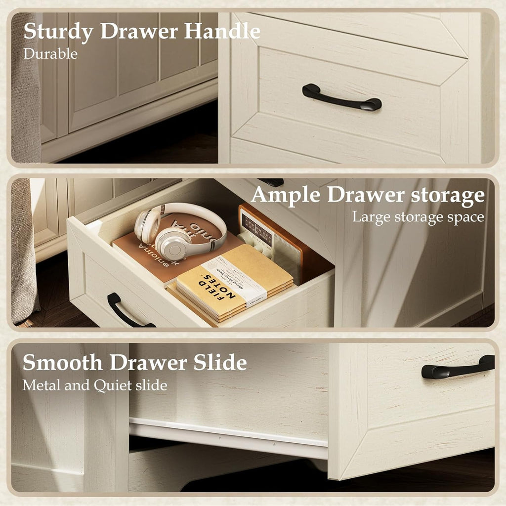 AODK Farmhouse Nightstand Set of 2, Bedside Tables with Charging Station & LED Lights, End Tables with Two Drawers and Open Storage, Rustic Bed Side Tables for Bedroom, Rustic White & Walnut