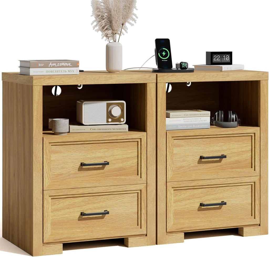 Nightstand Set of 2, Night Stand with Charging Station, End Table with 2 Drawers, Wood Rustic Side Table with Open Storage Shelf, for Bedroom, Natural Oak