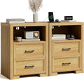 Nightstand Set of 2, Night Stand with Charging Station, End Table with 2 Drawers, Wood Rustic Side Table with Open Storage Shelf, for Bedroom, Natural Oak