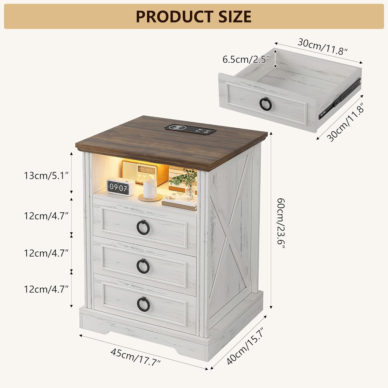 Nightstand Set 2 with Charging Station, Farmhouse End Side Table with 3 Drawers and Open Storage, Smart Bedside Table with LED Light & Human Sensor for Bedroom, Living Room,White,Chest
