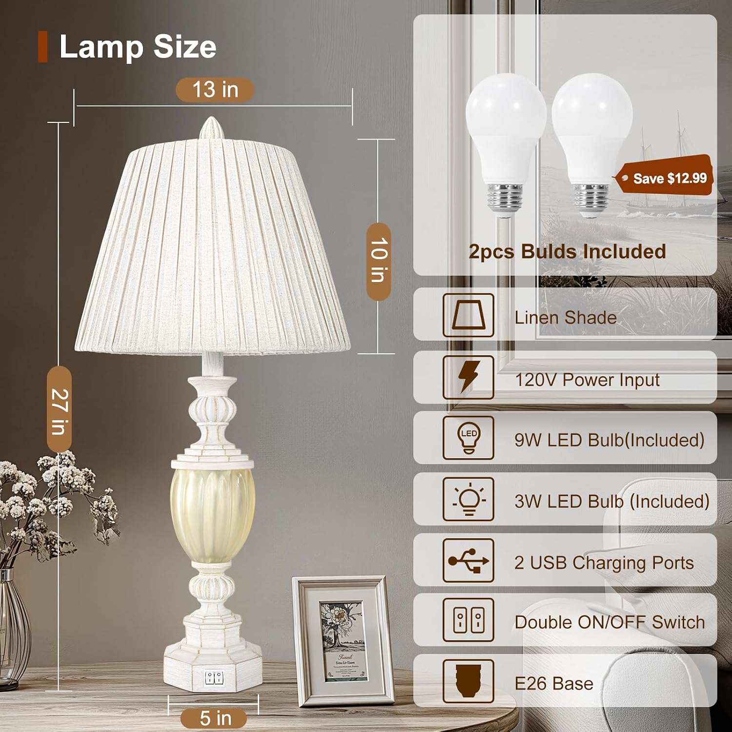 27' Rustic End Table Lamp Set of 2 with Night Light for Bedroom Living Room USB Charging Pots Farmhouse Bedside Lamp with Pleated Shade Boho Nightstand Lamps for Room Office Hotel Dorm(Bulb Included)