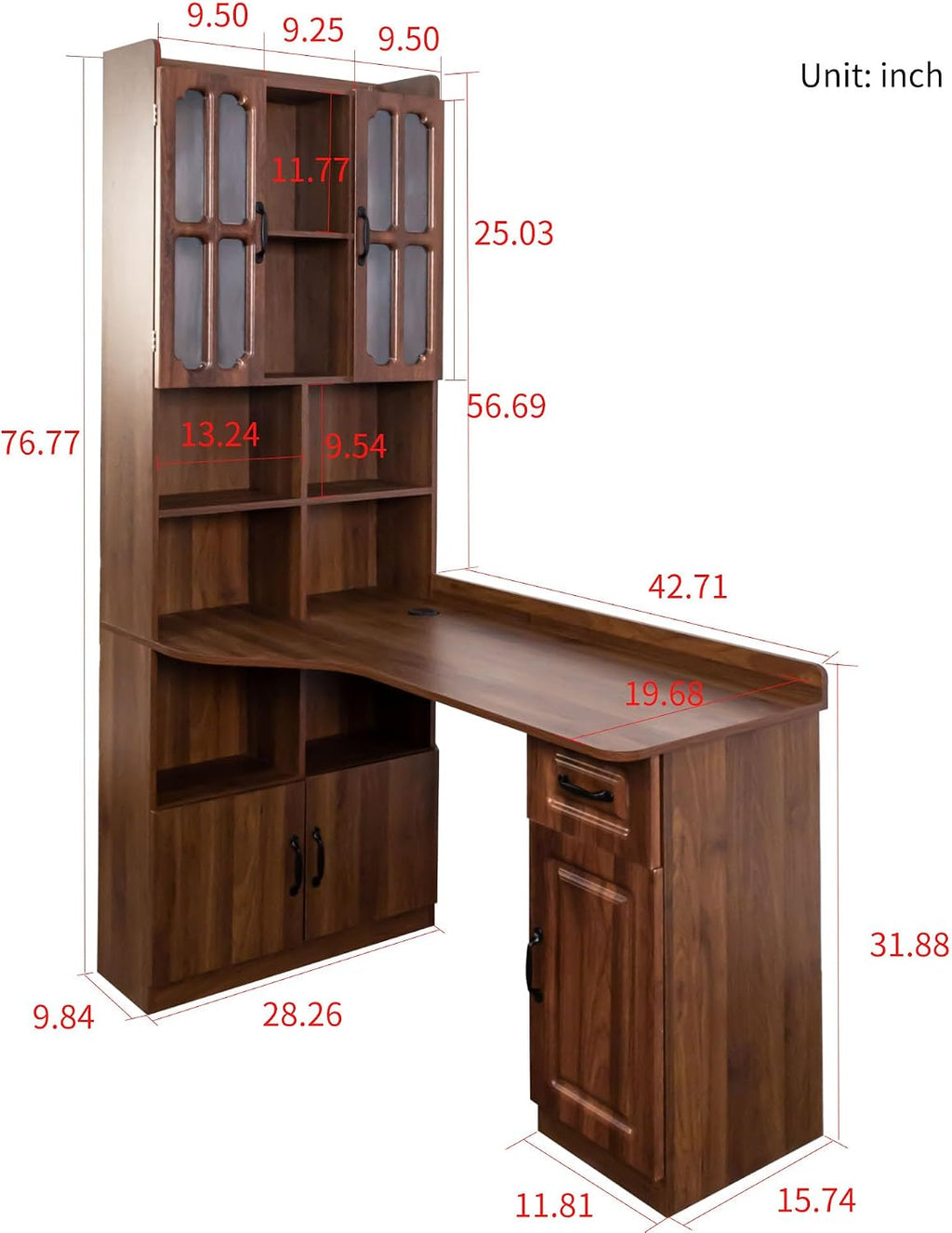 l Shaped Desk with Hutch & Drawers, Small Corner Desks for Small Space Home Office, Farmhouse Desk and Bookshelf Combo with Storage (Walnut)