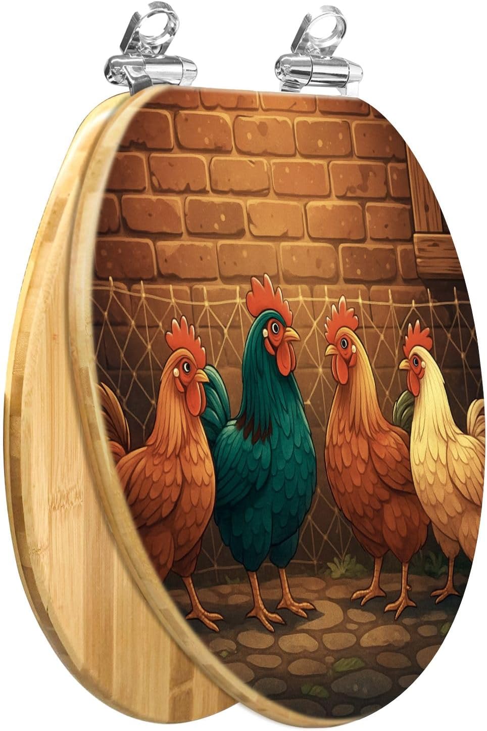 Elongated Toilet Seat Wooden Kitchen Chicken Farm Farmhouse Animal Rooster Rustic Dining Chickens Wood Toilet Seat Slow Quiet Close Lid with Quick-Release Hinges Cover Bumpers Easy to Clean Install