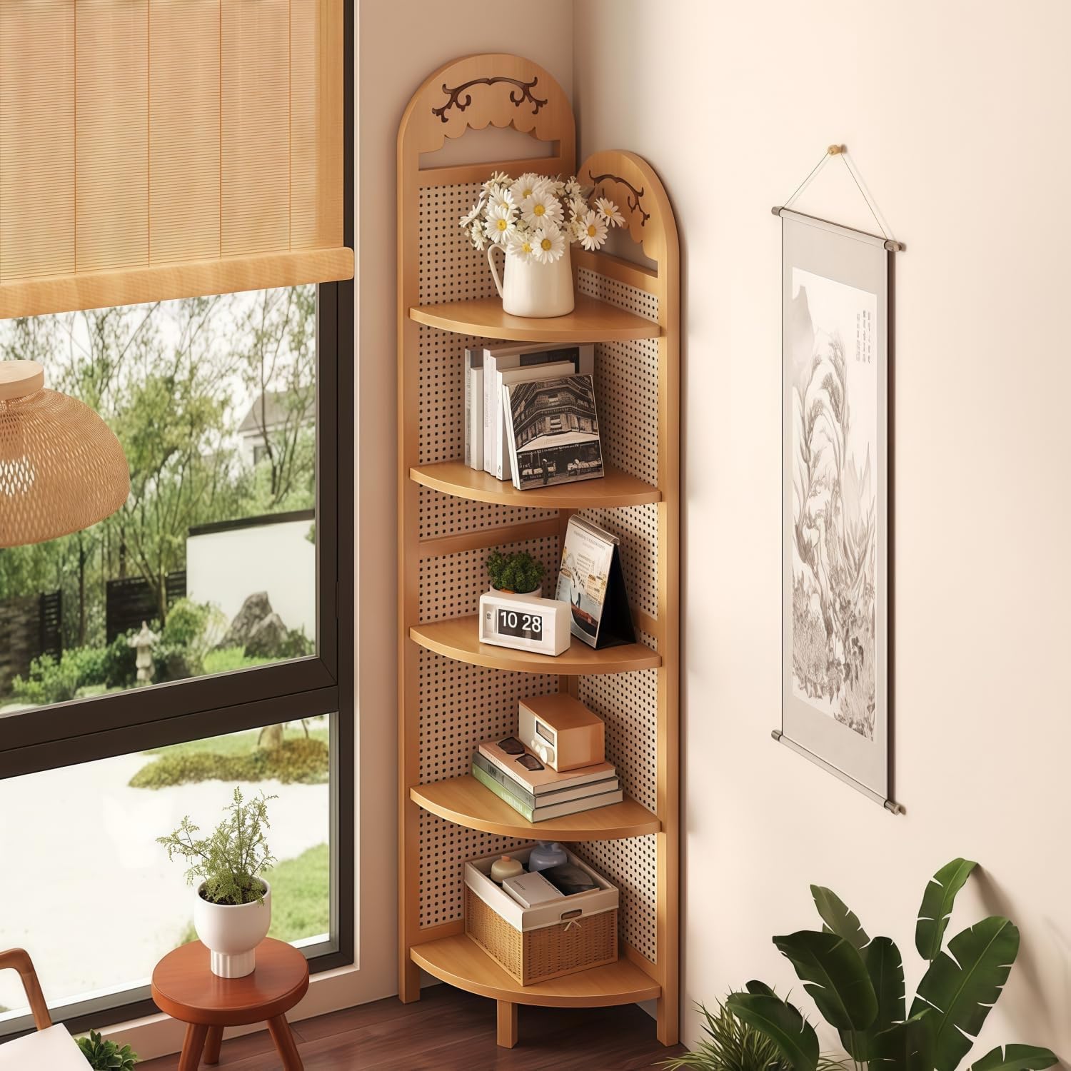 Carved Corner Shelf Multi-Layer Large-Capacity Corner Rack & Plant Stand for Living Room Study Bedroom Dining Balcony (Burlywood,12.9' L*12.9' W*66.7' H)