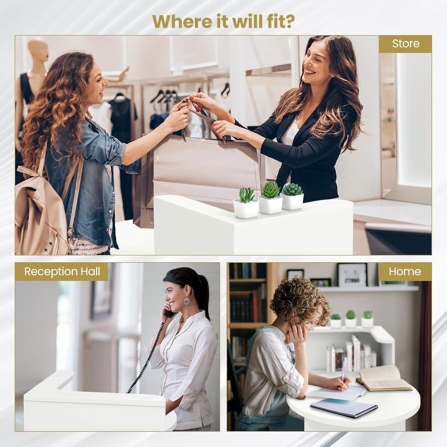Giantex Reception Desk, Front Counter Desk with Lockable Drawer, Checkout Table with Round Tabletop, Corner Shelf & Adjustable Shelf for Office Beauty Salon Retail Store (White)