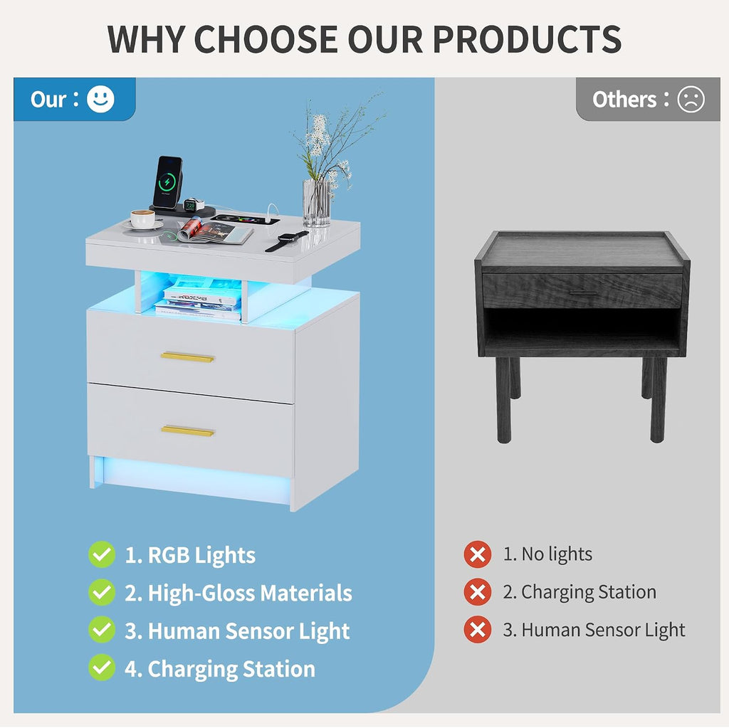 Smart Night Stand with Charging Station, Modern White Nightstand with 24 Color Lights and 2 Drawers, LED Bedside Tables with Auto Senor,High Gloss End Table for Bedroom