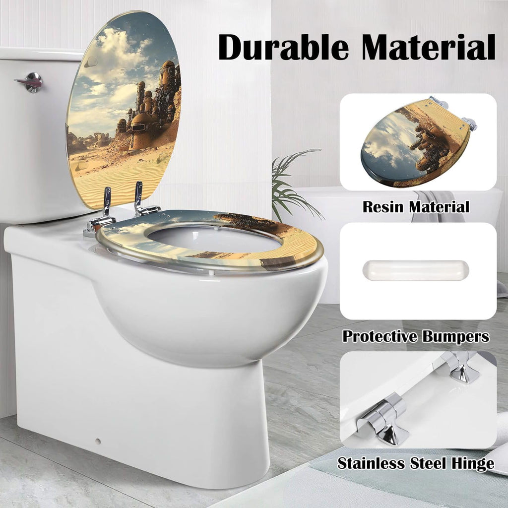 Elongated Toilet Seat Distant Desert Town Resin Toilet Seat Slow Quiet Close with Quick-Release Hinges Toilet Seat with Cover Easy to Clean Install