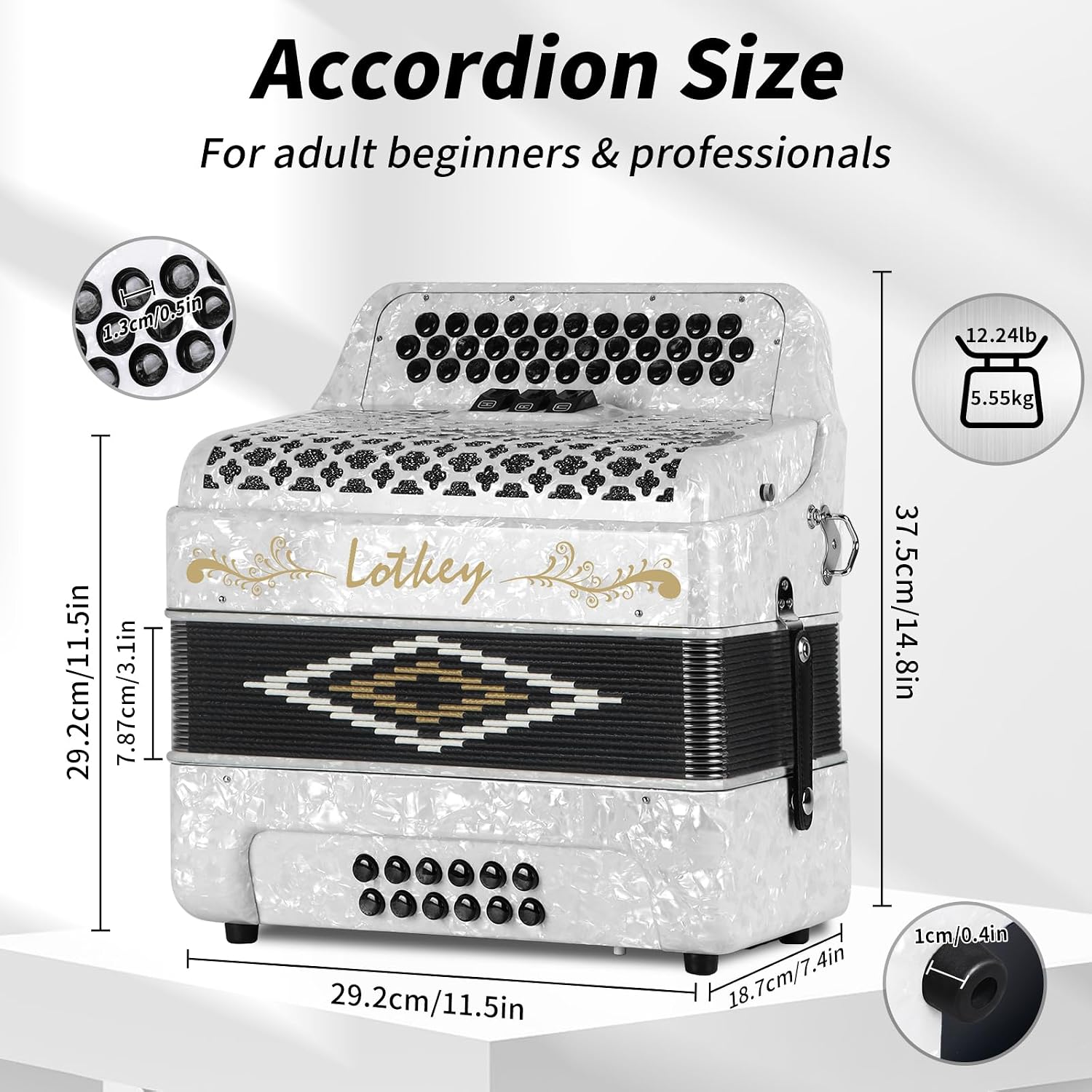 Lotkey 34 Key Diatonic Accordion, 3412 Multi Tone Celluloid Accordions Louder Clearer Timbre than Plastic for Adult, Beginner, Professional with Updated Bag, Straps, Acordeón Wrist Guard (FBE White)