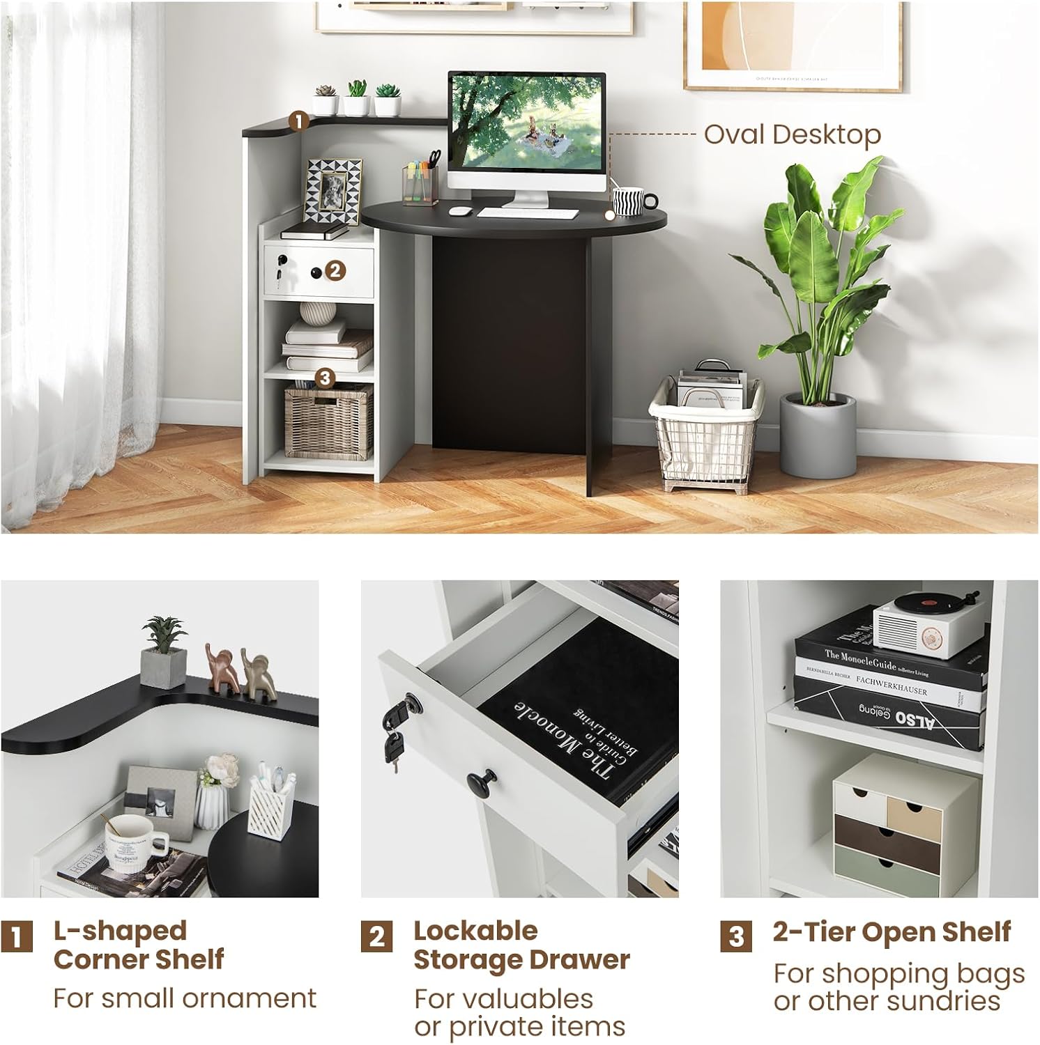 Giantex Reception Desk, Front Counter Desk with Lockable Drawer, Checkout Table with Round Tabletop, Corner Shelf & Adjustable Shelf for Office Beauty Salon Retail Store (White & Black)