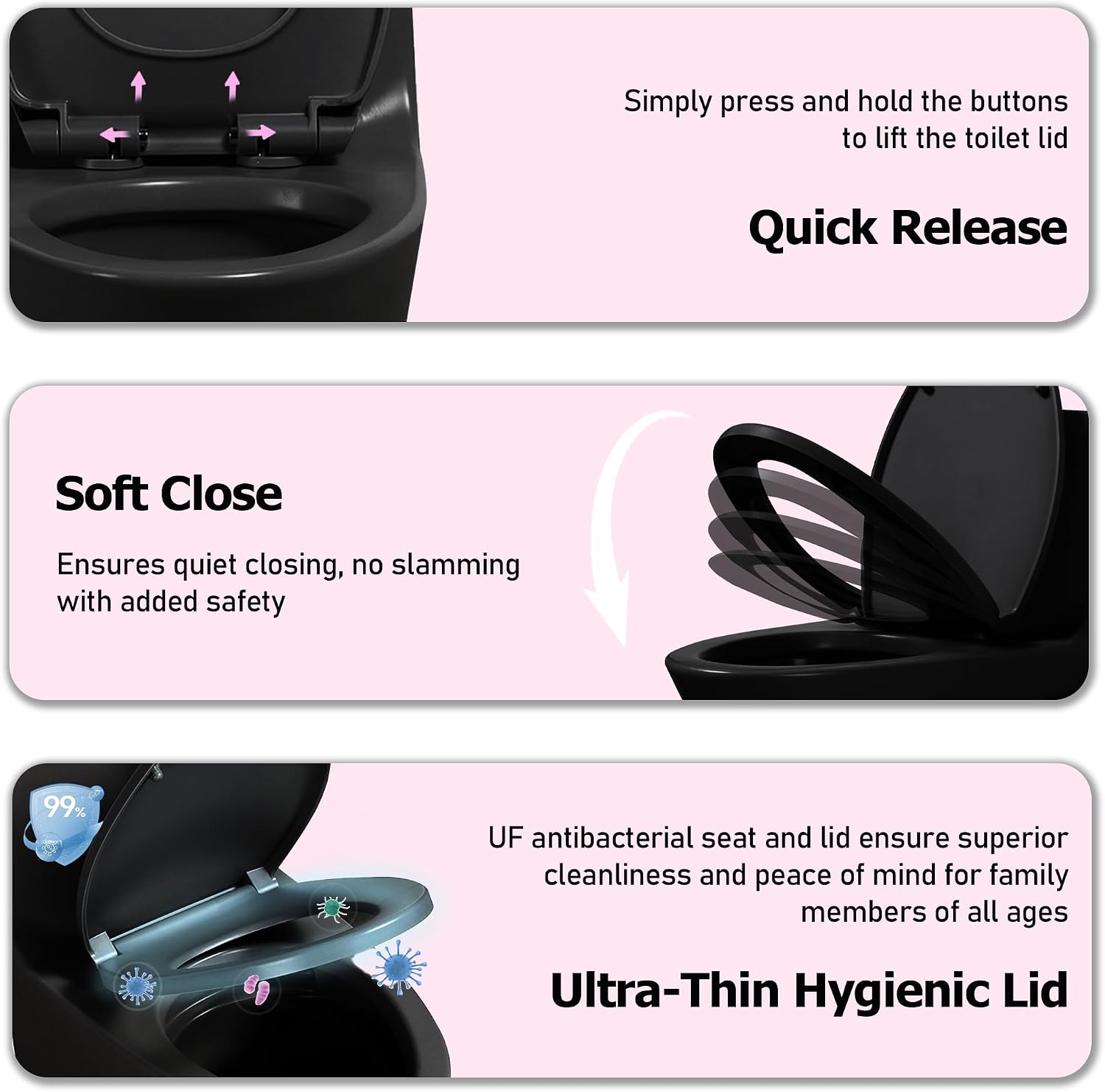 Dual Flush One Toilet, Water Saving Elongated Comfort Height Floor Mounted, Soft Closing Seat, 1000 Gram Map Flushing SToilet, Matte Black