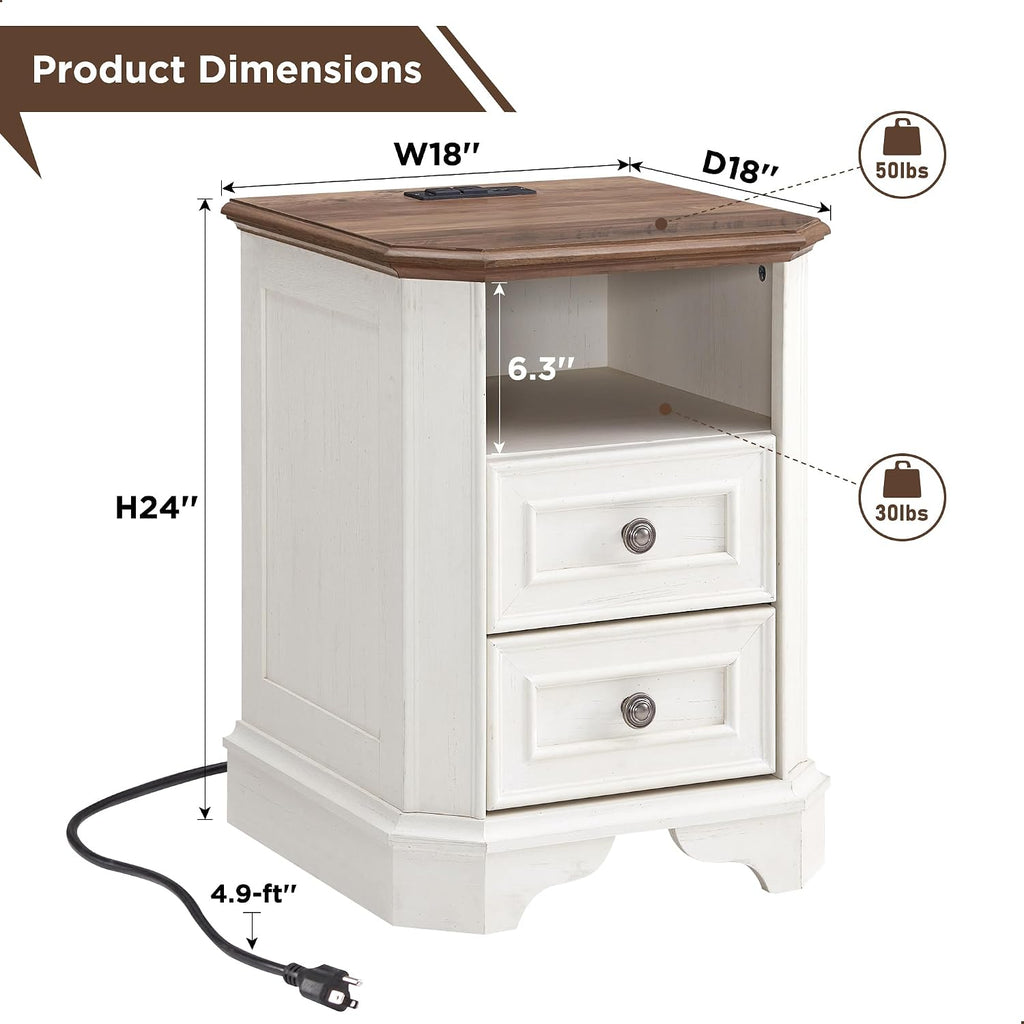 T4TREAM Farmhouse Nightstand Set of 2 with Charging Station, 18' End Table with 2 Drawers, Wood Side Table, Bedside Cabinet for Bedroom, Living Room (Antique White)