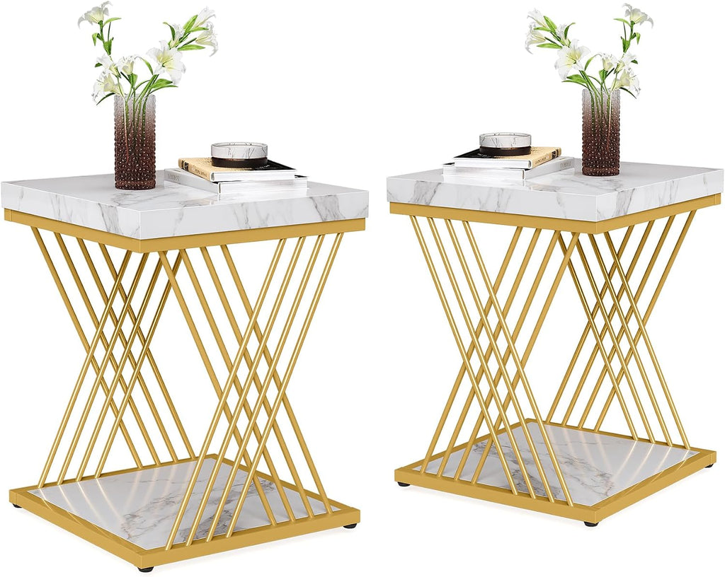 Tribesigns Square White Gold Side Table Set of 2, 2-Tier End Table Modern Bedside Tables Small Side Table with Storage for Couch, Chairside Tables with Metal Frame for Living Room