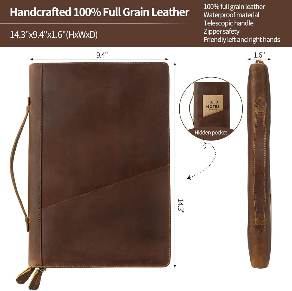 Ringsun Genuine Leather Portfolio Organizer for Men Women with Handle, Full Grain Leather Padfolio Folder with Zipper Business Resume Portfolio for 12.9' iPad, Brown, RS118