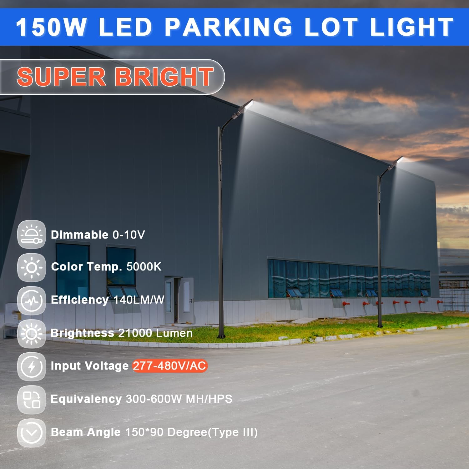 480V 150W LED Parking Lot Light, 21000LM (140lm/w) 5000K LED Shoebox Street Light (600W HID/HPS Equiv.), Slip Fitter Mount, Dimmable Outdoor Commercial Area Lighting, IP65 AC277-480V