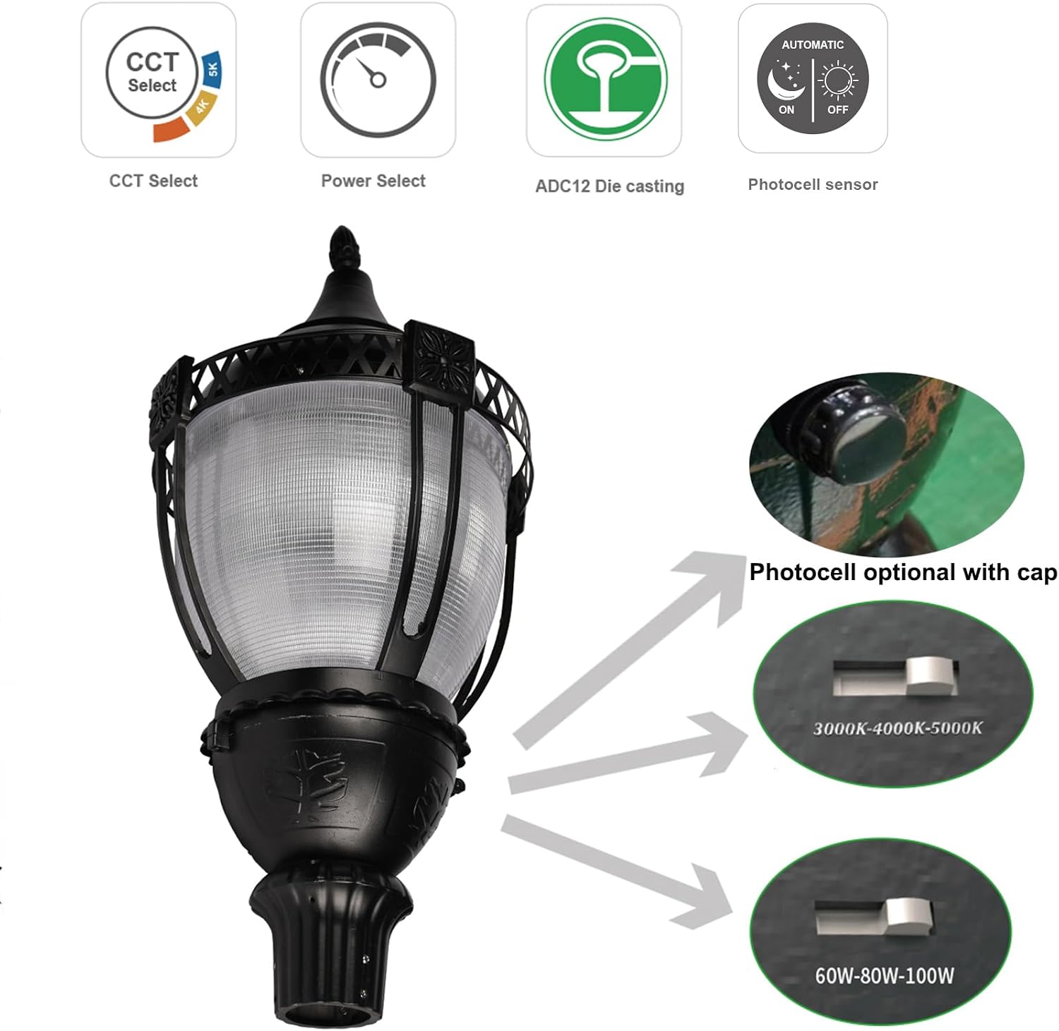 LED Acorn Post Top Light with Photocell Wattage and Color Adjustable 100W/80W/60W 3000K/4000K/5000K 100-277V Vintage Style Exterior Lighting for Driveway Yard Garden Park, UL Listed