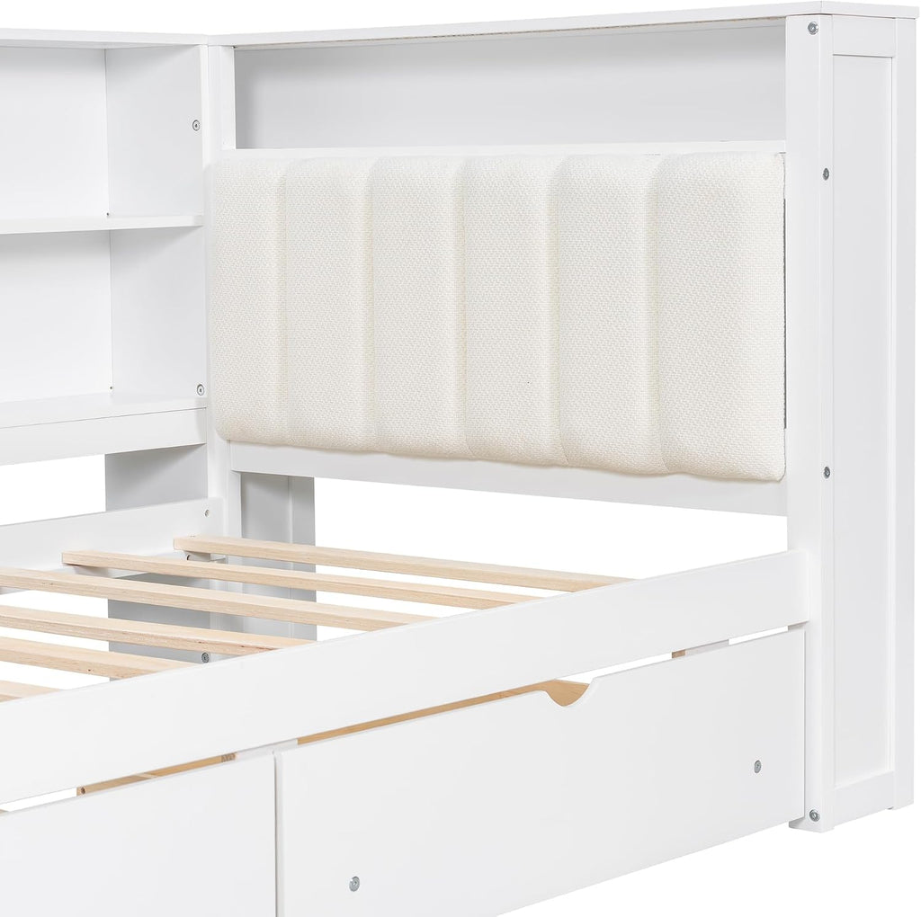 Bellemave Twin Corner Bed with Storage Shelves and Desk, Upholstered Headboard Daybed with Bookcase and Drawers，Daybed with Storage, White+Beige Cushion