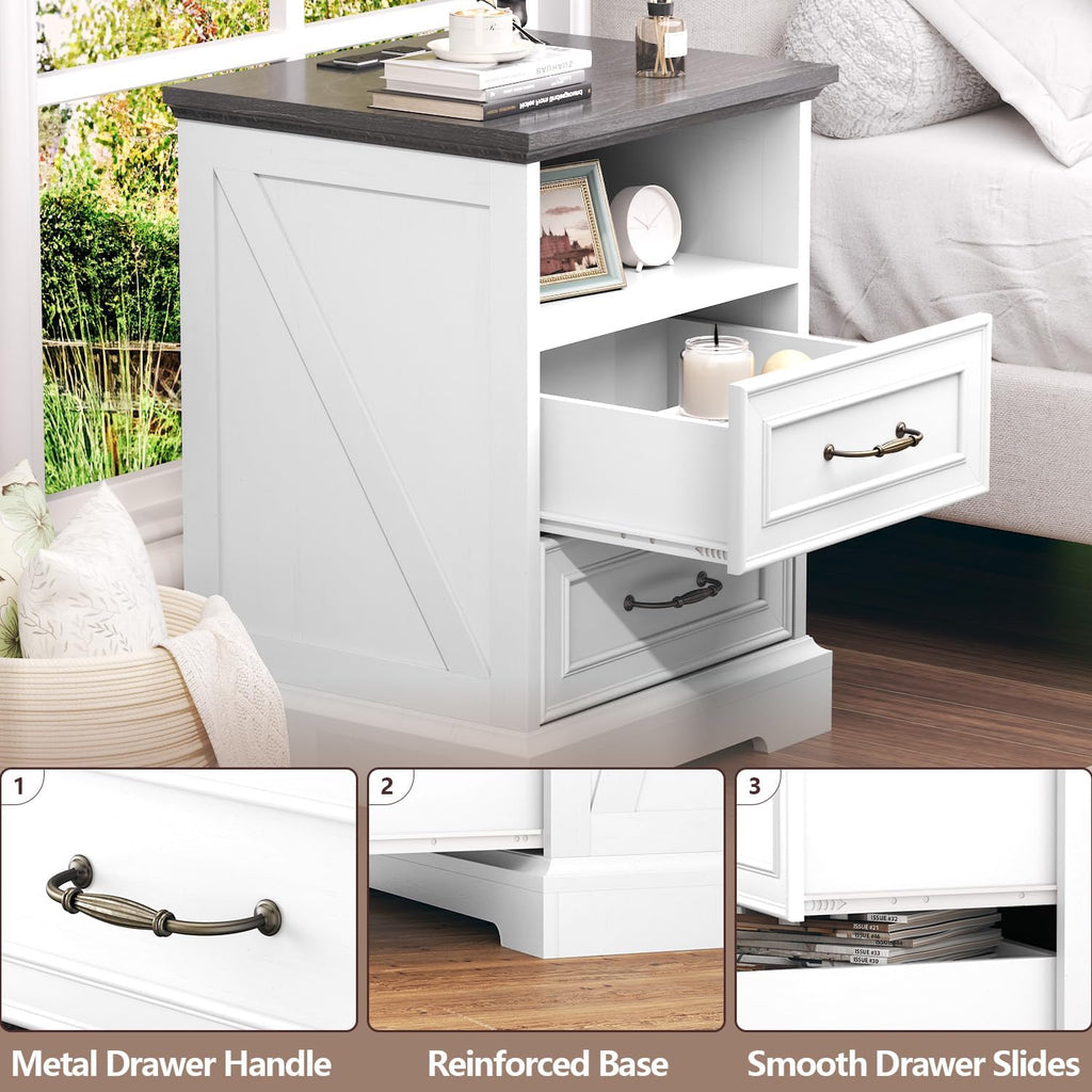 Nightstand with Charging Station,18' Wide End Table with 2 Large Drawers & Metal Handles,Rustic Farmhouse Wood Small Dresser,Bedside Table,Modern Chest of Drawers for Bedroom,Living Room,Off White