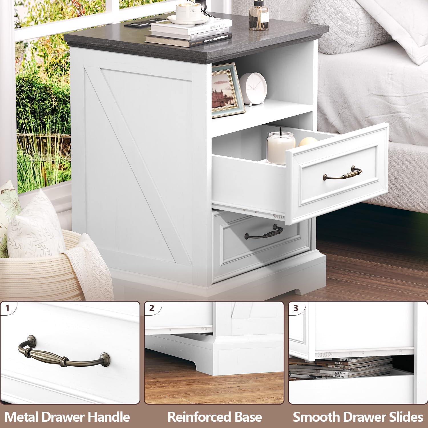 Nightstand with Charging Station,18' Wide End Table with 2 Large Drawers & Metal Handles,Rustic Farmhouse Wood Small Dresser,Bedside Table,Modern Chest of Drawers for Bedroom,Living Room,Off White