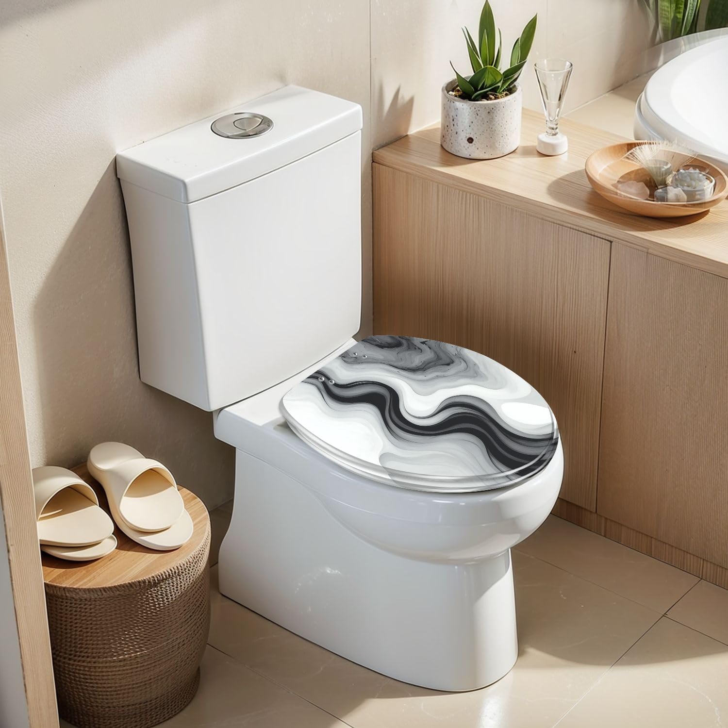 Elongated Toilet Seat Marble texture colorful black white gray marble surface curved lines Resin Toilet Seat Slow Quiet Close Lid with Quick-Release Hinges Cover Bumpers Easy to Clean Install
