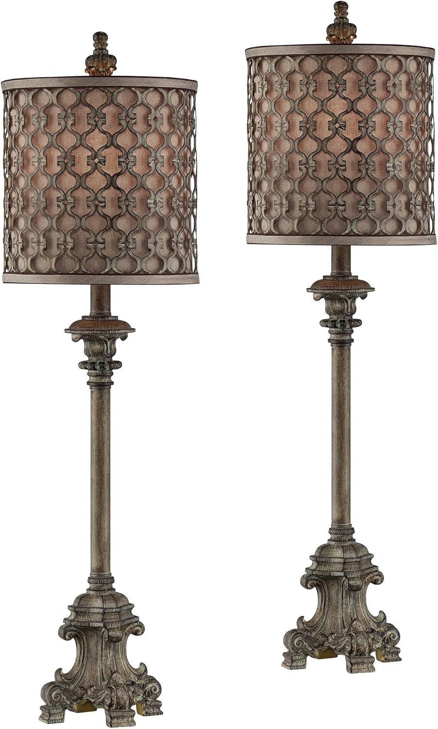 Regency Hill Vichelis 34' Tall Skinny Candlestick Buffet Traditional Vintage End Table Lamps Set of 2 Beige Metal Fabric Shade Living Room Bedroom Bedside Nightstand House Office Home Reading