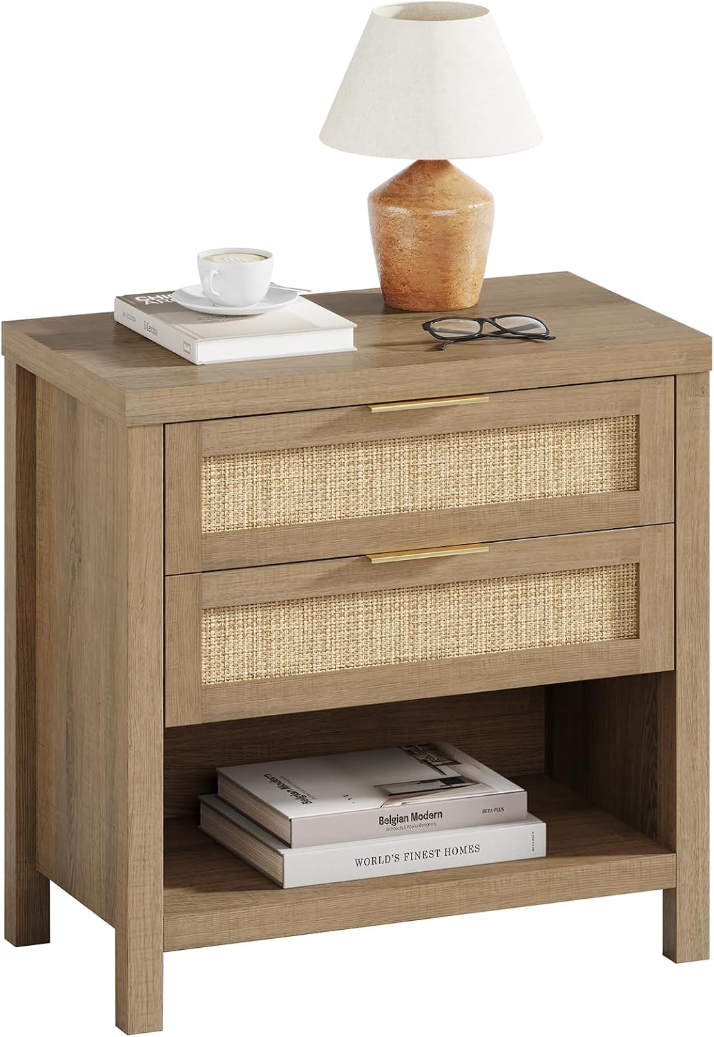 Eclatara Rattan Nightstands, Farmhouse Bedside Table with 2 Drawers and Storage Shelf, Rattan Boho Accent Night Stands for Bedroom Large Space Sofa (1, Reclaimed Caramel Oak)