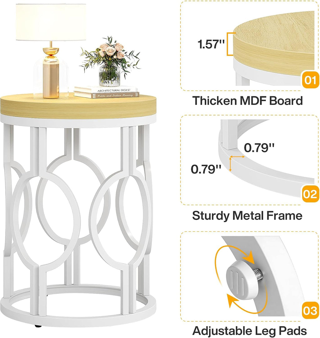 Tribesigns Round End Table Set of 2, Farmhouse Side Table with White Metal Hollow Frame, Small Bedside Table Nightstand for Living Room, Bedroom, Easy Assembly (Natural Beige,2 PCS)
