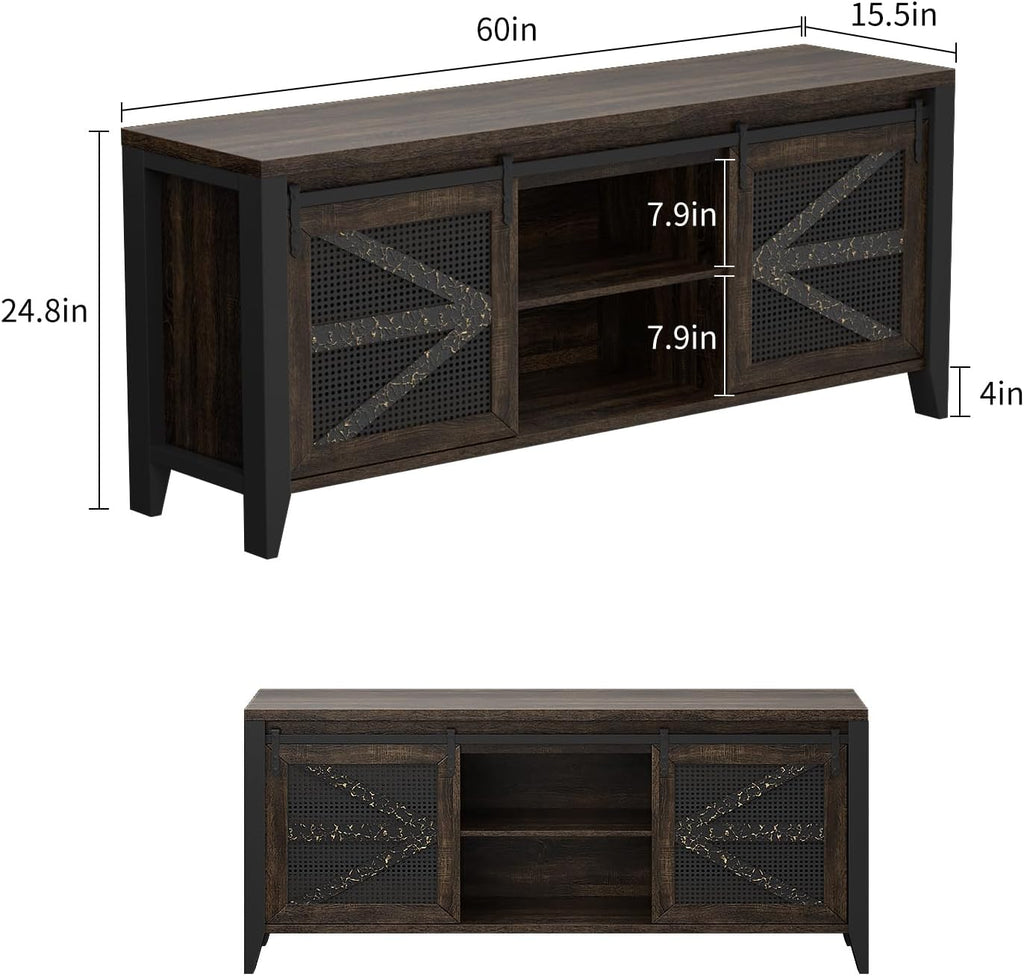 VFK 60 Inch TV Stand for TVs up to 65', Rustic Farmhouse Media Console with Sliding Barn Doors, 6 Drawers, Entertainment Center for Living Room