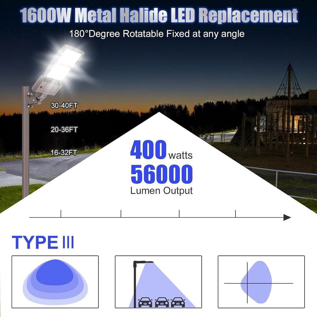 4Pack 400W LED Parking Lot Light 56000 Lumen, UL Parking lot Flood Lights Arm Mount, Street Area IP65 5000K Waterproof 100-277VAC Input, Stadium Lights Outdoor, LED Pole Light Outdoor