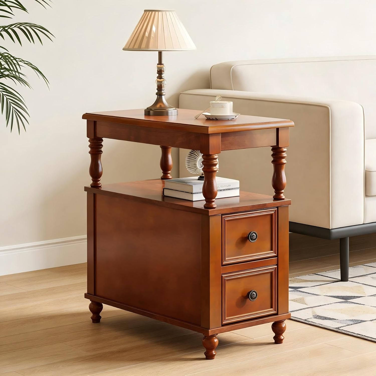 Tribesigns Wood End Table with 2 Drawers, Mid-Century Wooden Slim Side Table Nightstands with Storage Shelf, Accent Table for Living Room, Easy to Assemble (Walnut)