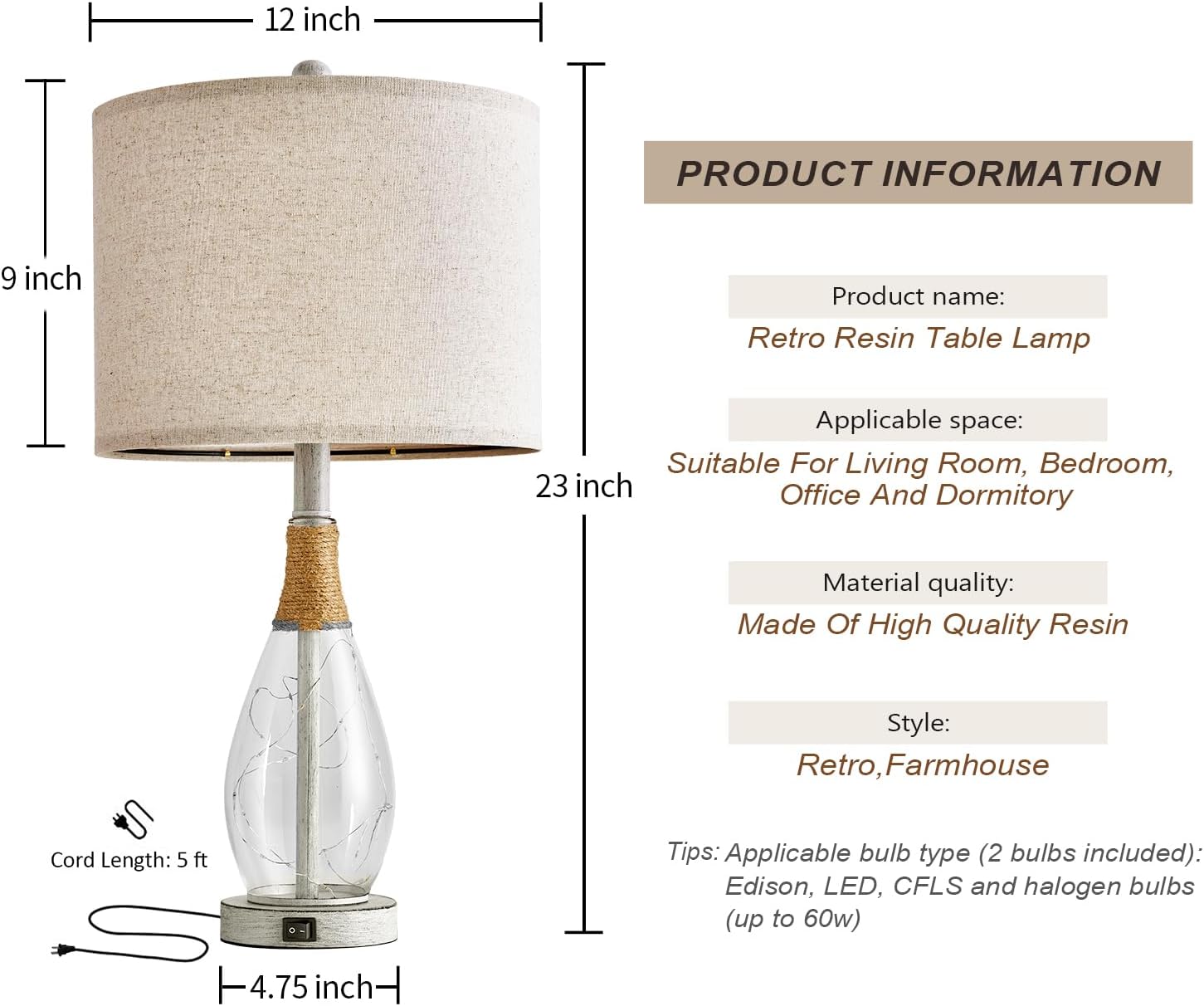 OYEARS 23' Table Lamps for Living Room Set of 2 Bedside Lamps for Night Stands Bedroom Lamps Farmhouse Rattan Boho Lamp Glass Nightlight End Table Lamp with USB C+A (White),Two Light Points