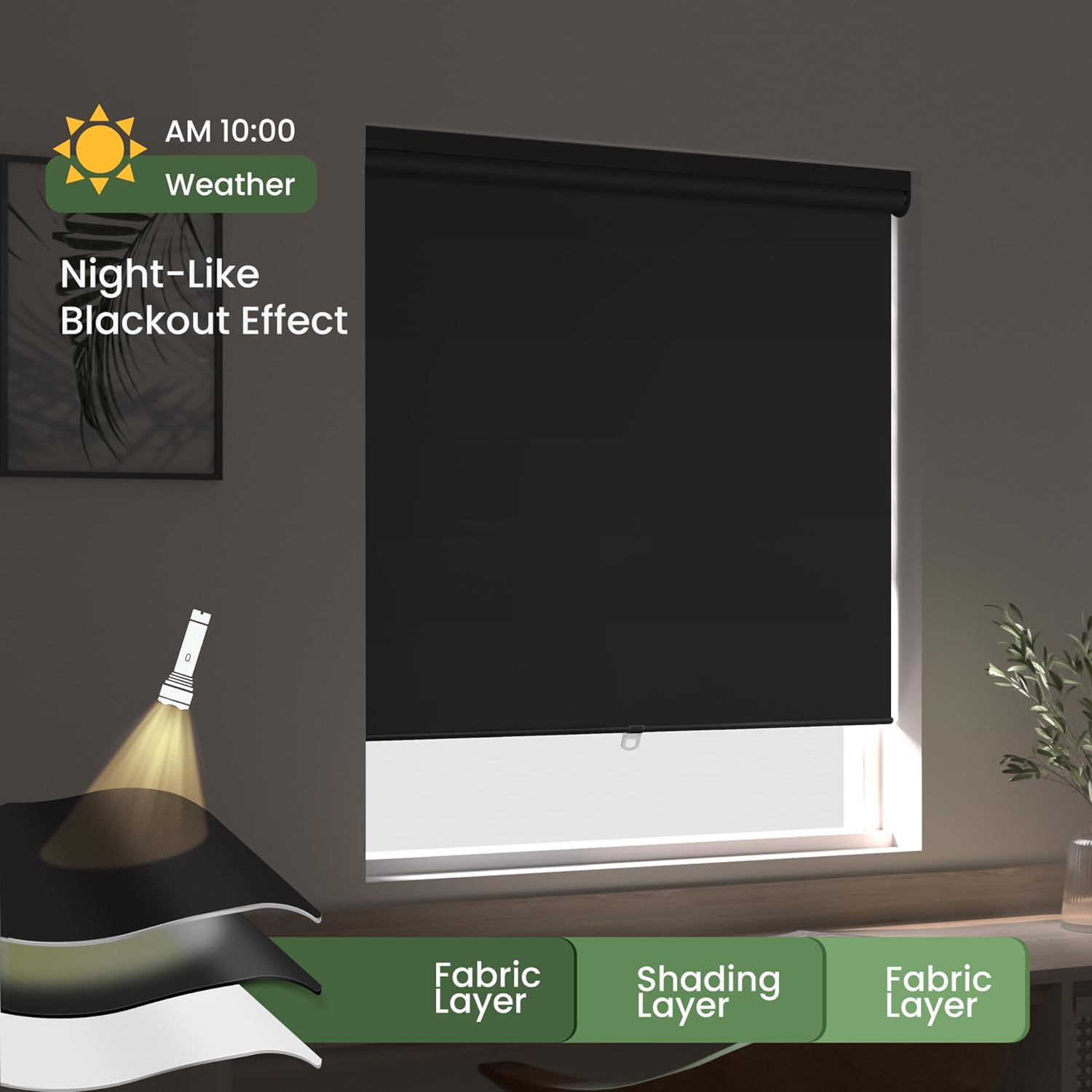Blackout Roller Shades Cordless Color-Matched Roller Window Blinds Free-Stop Simple Style Thermal Insulated Roll Up Shades for Home Office Door, Black, 58' W x 44' H