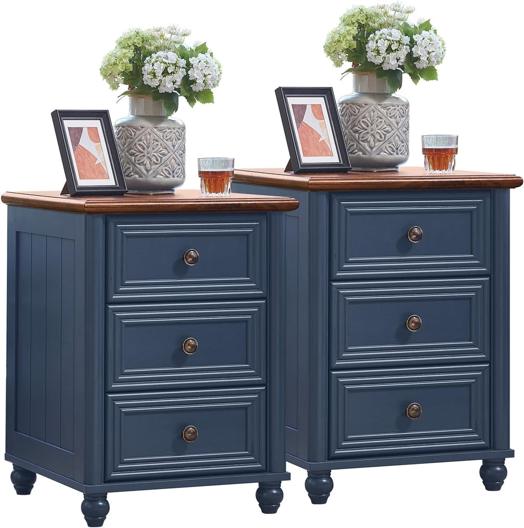 RWYHG 18' Farmhouse Night Stand Set of 2, Blue Wood Nightstand with 3 Drawers, Bedside End Table with Storage and Roman Column, Bed Side Tables Cabinet for Bedroom, Living Room, and Closet