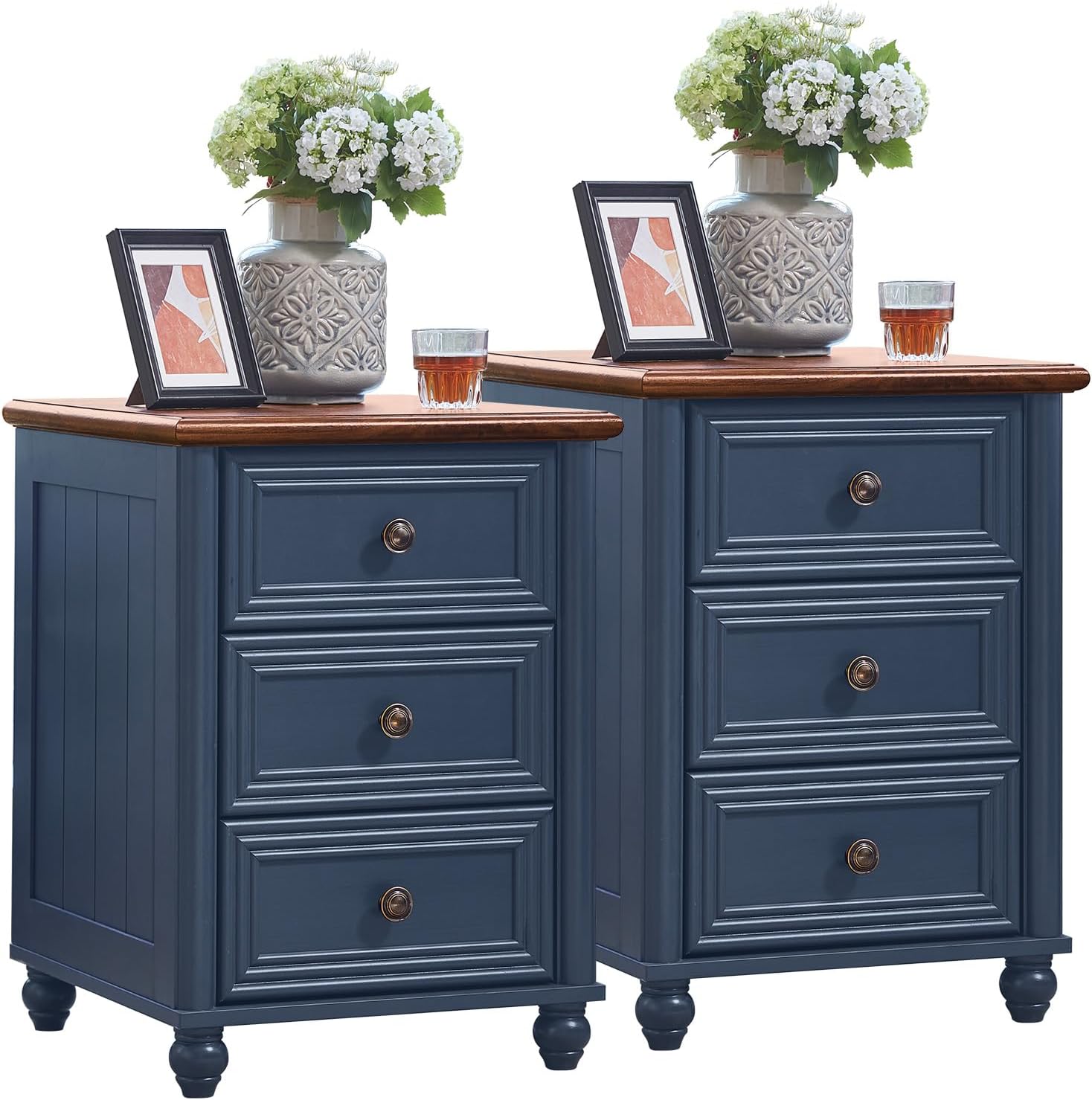 RWYHG 18' Farmhouse Night Stand Set of 2, Blue Wood Nightstand with 3 Drawers, Bedside End Table with Storage and Roman Column, Bed Side Tables Cabinet for Bedroom, Living Room, and Closet
