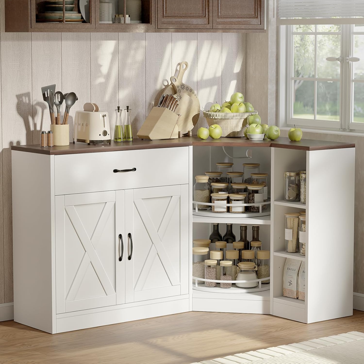 Loomie Corner Cabinet w/Charging Station, Kitchen Pantry Cabinet w/2 Tier Lazy Susan Turntable, Farmhouse Food Pantry w/Drawer & Doors & Adjustable Shelf, L-Shaped Sideboard for Dining Room (White)
