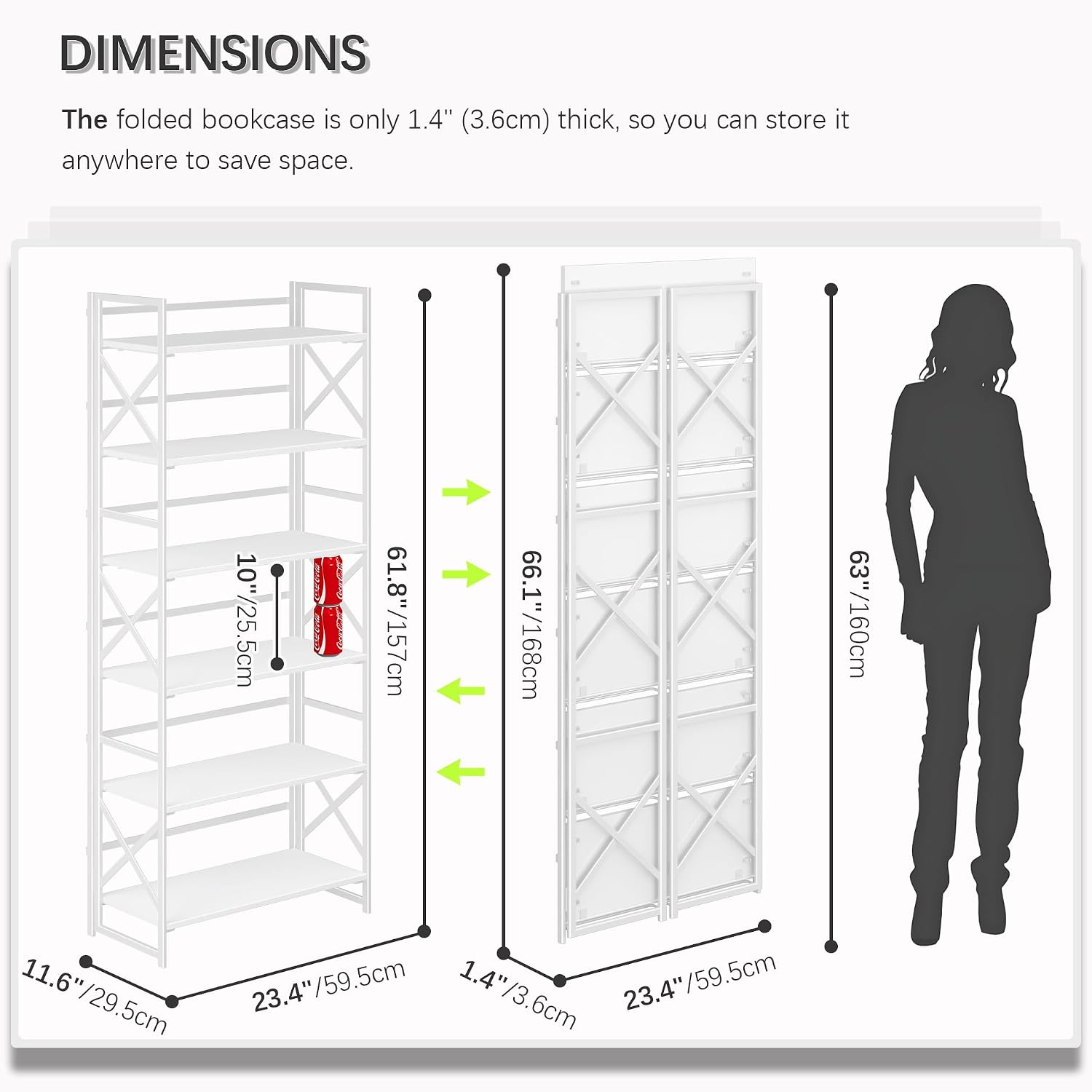 4NM 6 Tiers No Assembly Book Shelves, 61.8' H Folding Bookshelf Bookcase Open Industrial Foldable Shelves for Bedroom, Living Room, Home Office - All White
