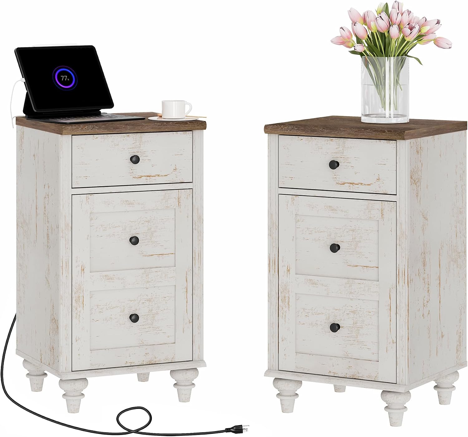 WAMPAT Set of 2 End Table with Charging Station, Wood Nightstands with Drawer and Storage Cabinet, Modern Side Tables Living Room, Farmhouse Night Stands Bedside Table for Bedroom, Rustic White