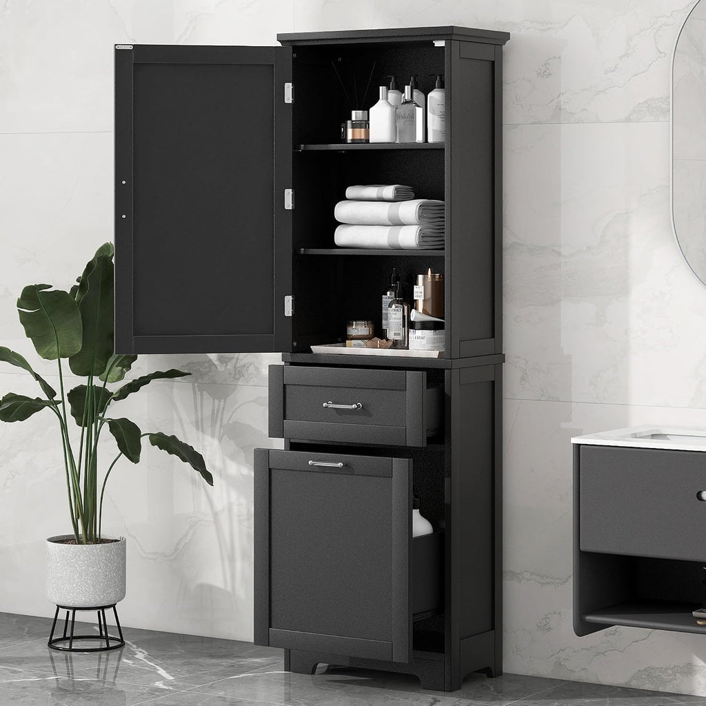 Bathroom Storage Cabinet with Adjustable Shelf, 68.4 in Tall | MDF, painted finish, adjustable shelf, enclosed storage, acrylic handles, anti-tip kit, bathroom, 20 W x 13.5 D x 68.4 H in