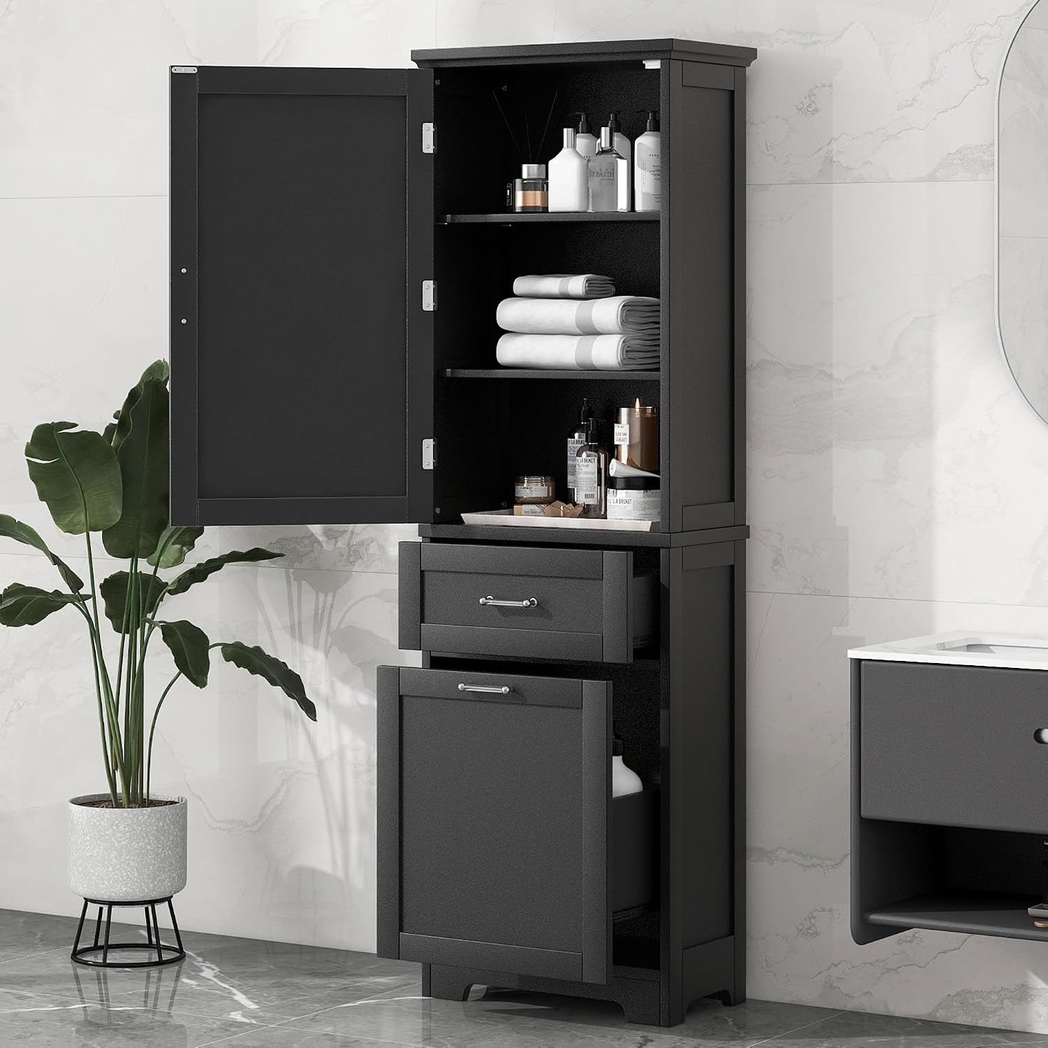 Bathroom Storage Cabinet with Adjustable Shelf, 68.4 in Tall | MDF, painted finish, adjustable shelf, enclosed storage, acrylic handles, anti-tip kit, bathroom, 20 W x 13.5 D x 68.4 H in