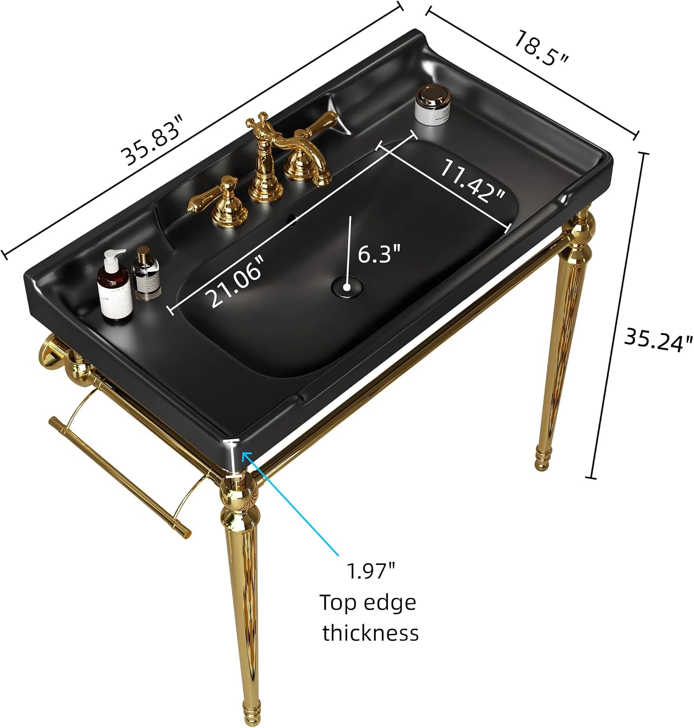 36' Bathroom Console Sink, Wall Mounted Black Ceramic Vanity Basin with 3 Pre drilled Faucet Holes, Freestanding Stainless Steel Support Legs with Towel Bar, No Faucet Sink Cover, Gold Color