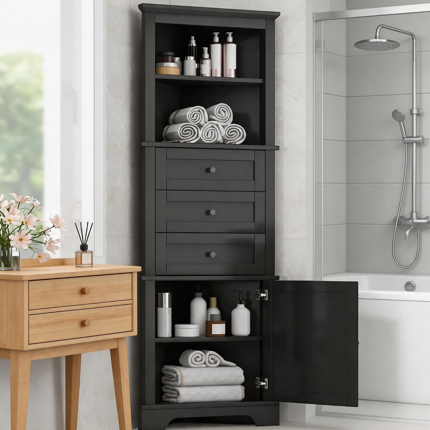 Corner Storage Cabinet with Adjustable Shelves, 68.9 in Tall | MDF, painted finish, adjustable shelves, corner fit, enclosed storage, bathroom, kitchen, 23 W x 13.4 D x 68.9 H in