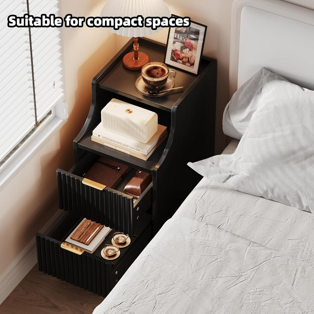 Fluted Nightstands Set of 2,Narrow Bedside Table with 2 Drawers & Storage, Farmhouse Walnut End Table Modern Side Table for Bedroom Livingroom Sofa Office, Small Space