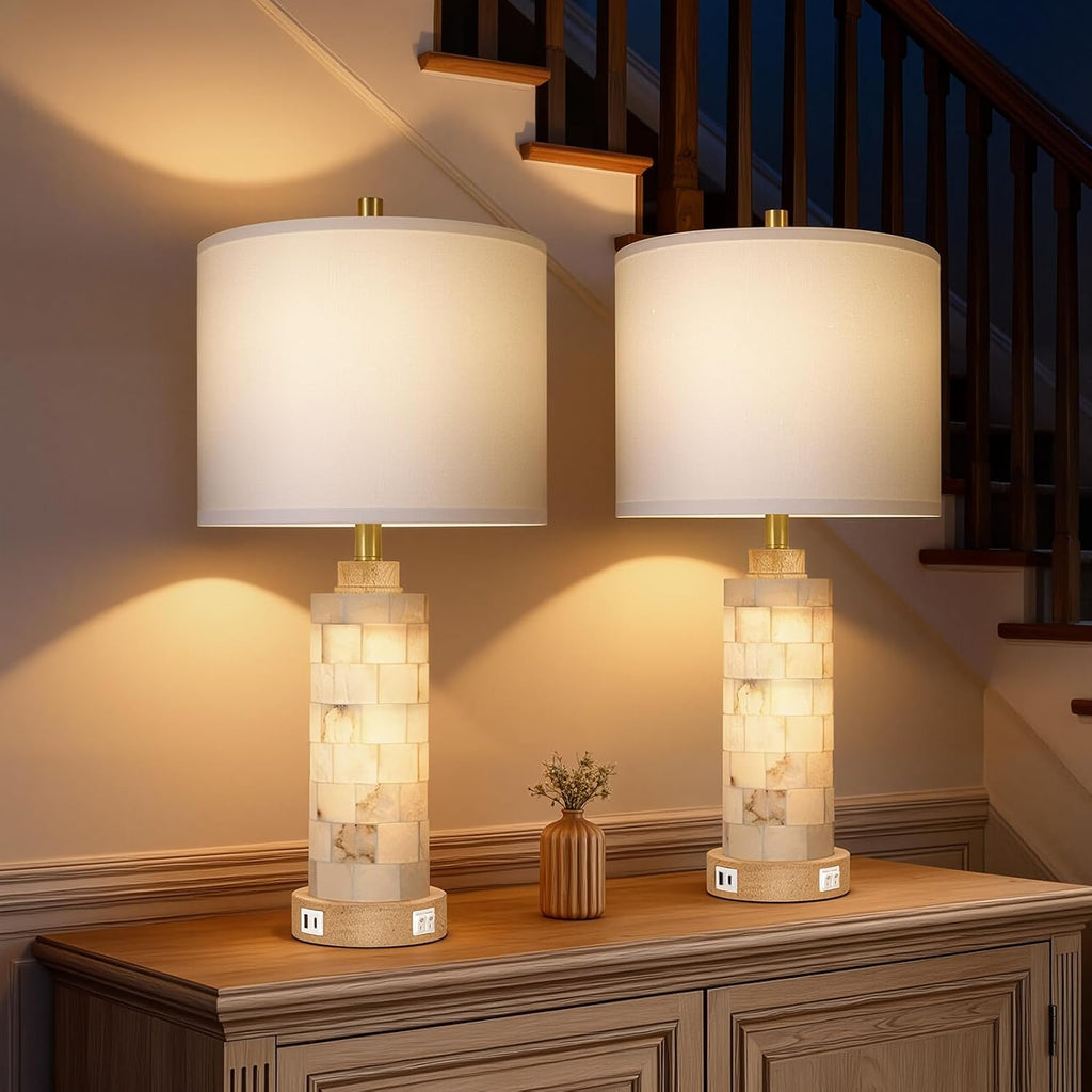 KIVDITZO 27' Alabaster and Wood Table Lamp Set of 2 with Night Light Nightstand Lamps with USB Ports White Linen Fabric Shade Bedside Lamp Decor for Living Room Bedroom Home Office Hotel Bar House