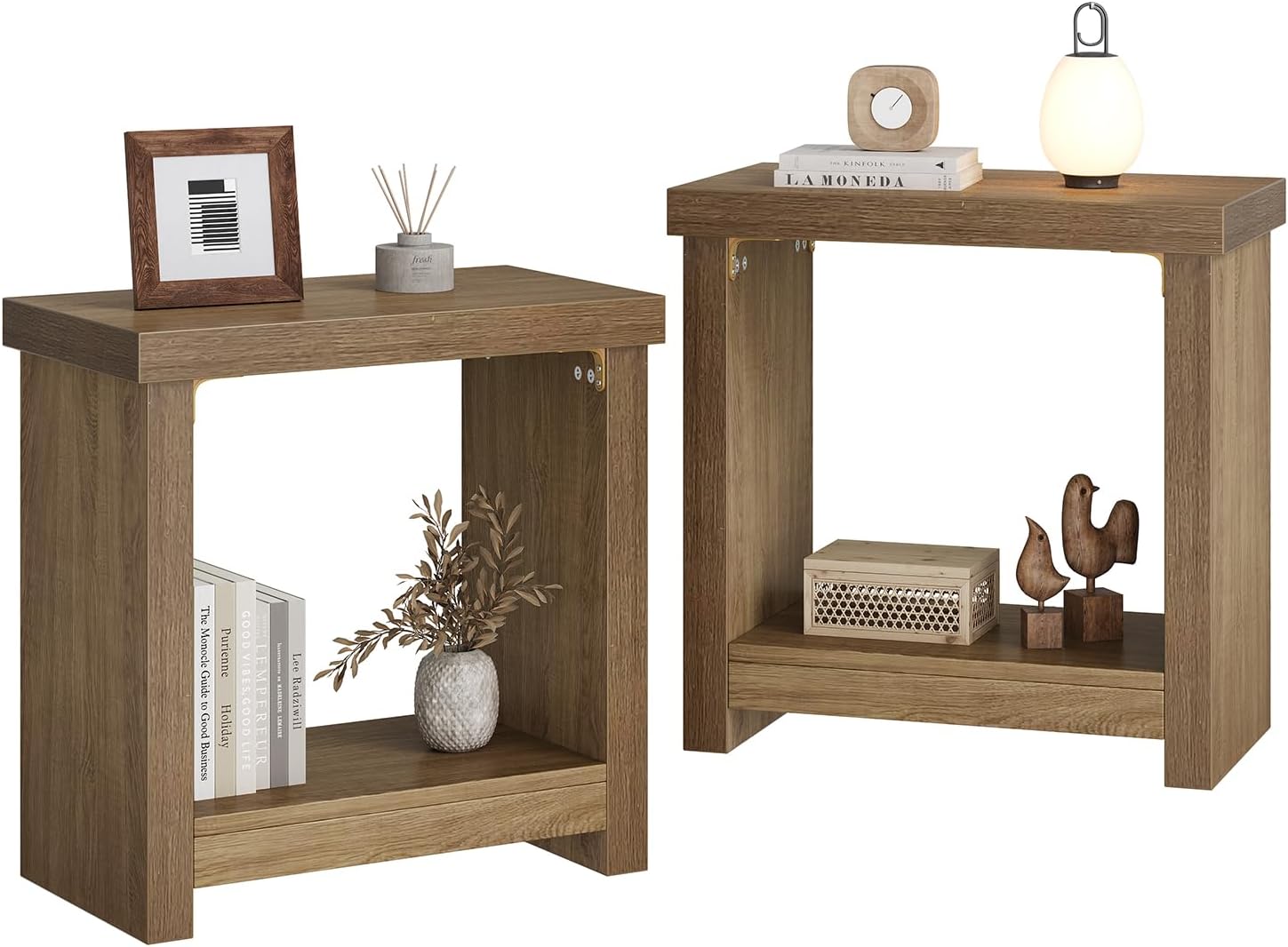 End Tables Set of 2 for Living Room, Narrow Side Tables with Storage Shelves, Square End Table for Bedroom, Slim Nightstand, Skinny Rectangle Accent Table, Farmhouse Bedside Table, Brown (2 Pieces)