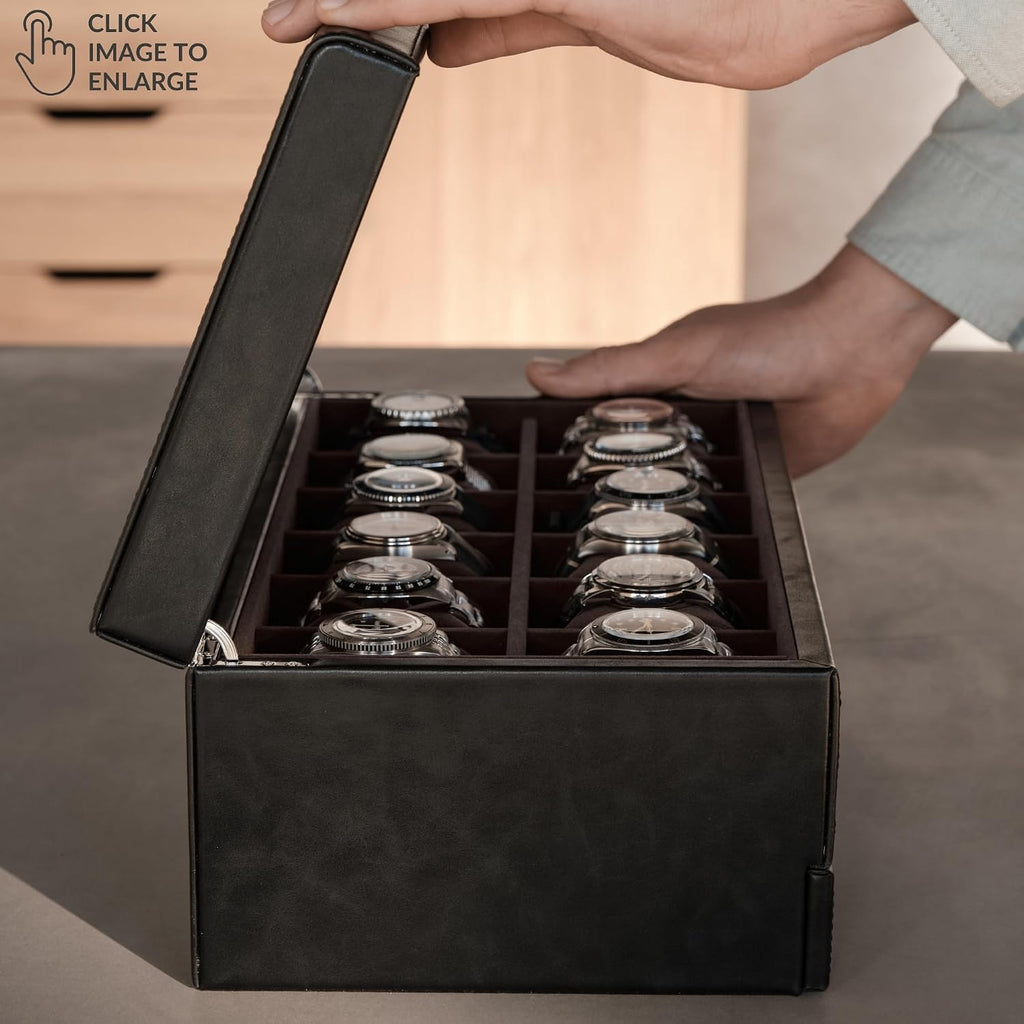 TAWBURY 12 Slot Watch Box with Storage Drawer - Premium Black PU Leather Watch Box for Men | Easy One-hand Opening, Plush Velveteen Interior (Black/Charcoal)