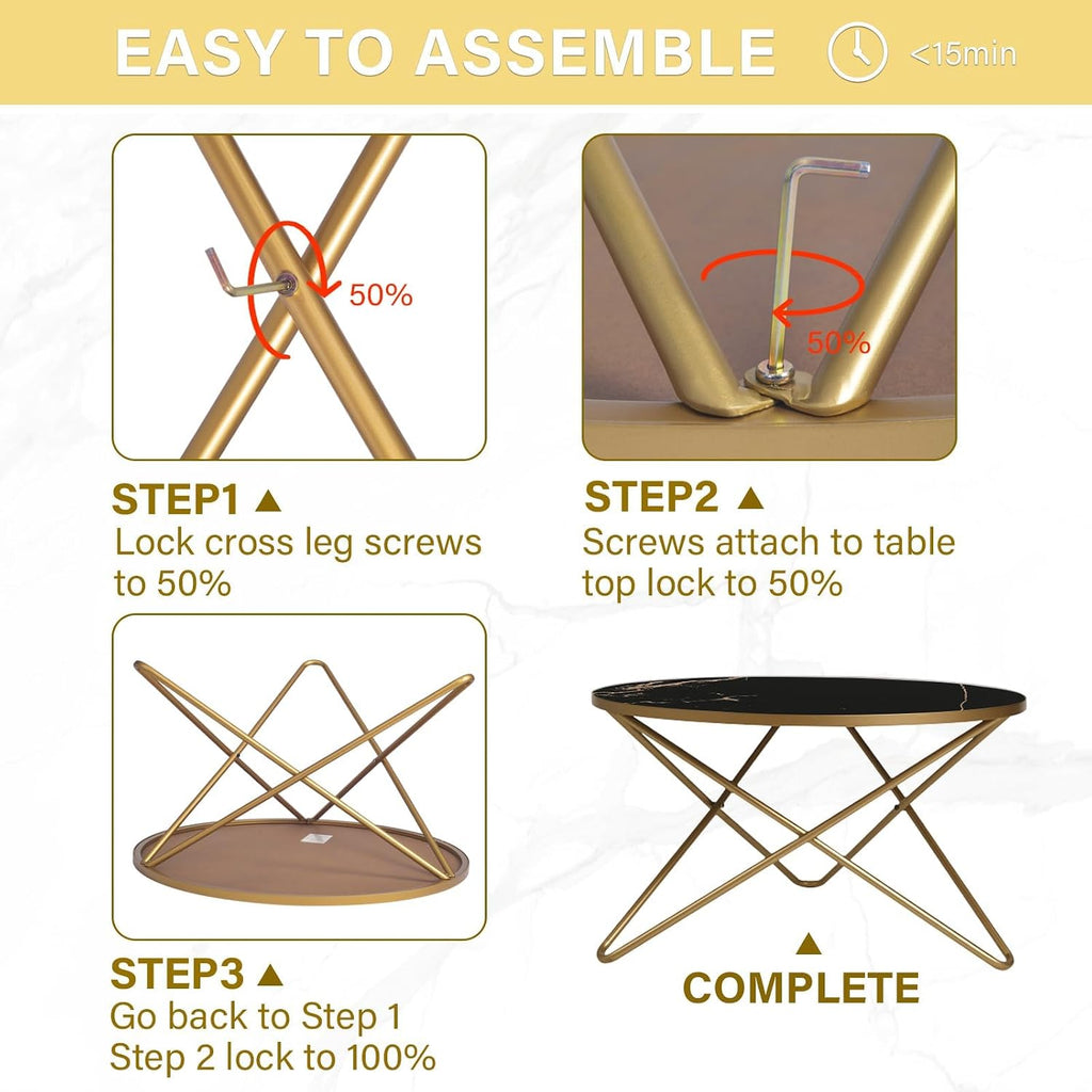 HLR Modern Round Coffee Table and Side Table Set of 3,End Table with Faux Marble Top and Gold Metal Frame, Side Table for Living Room, Bedroom, Sofa and Couch, Gold Legs, Black Marble Top